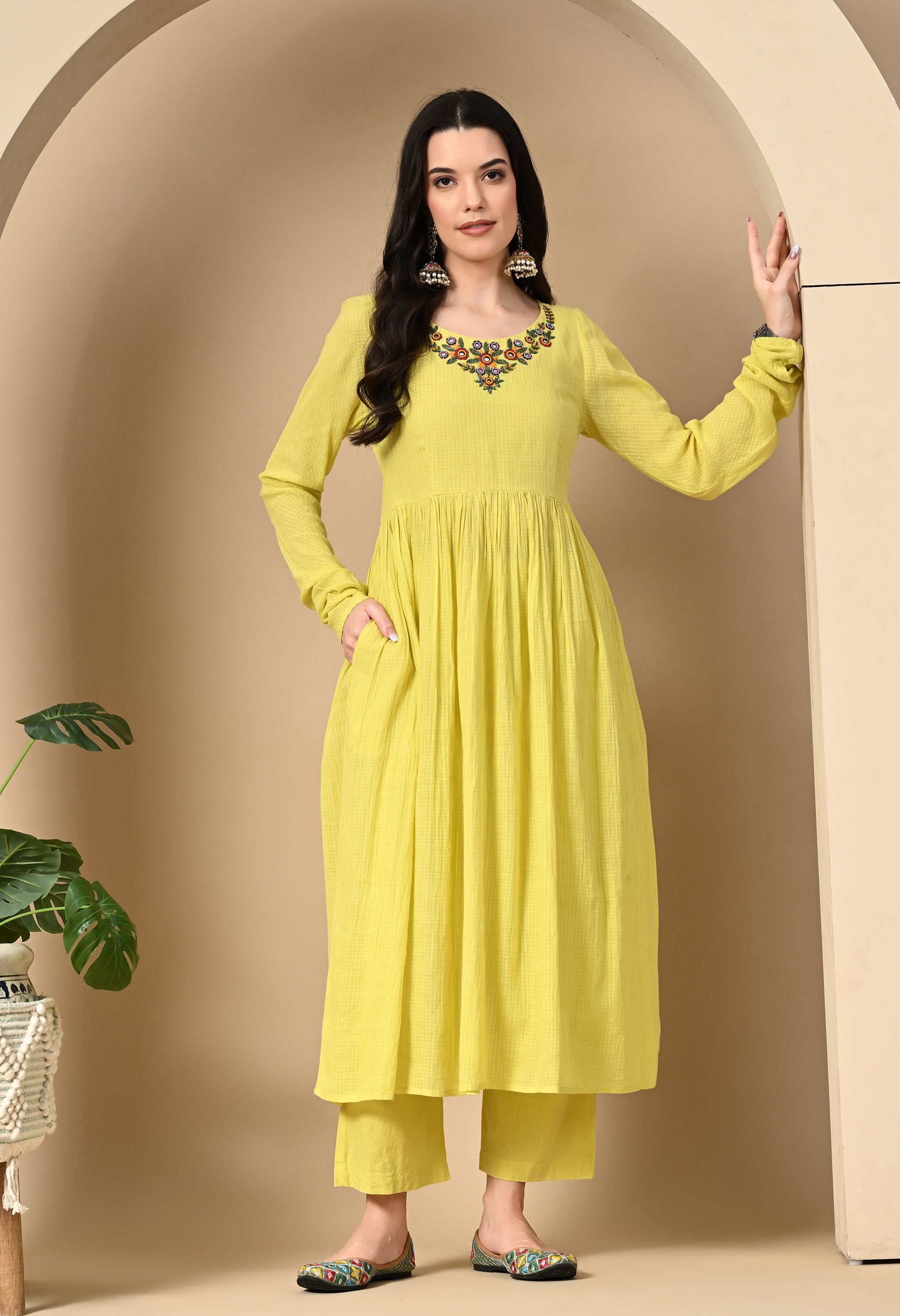 LIME YELLOW KOTTA DORIYA KURTA SET