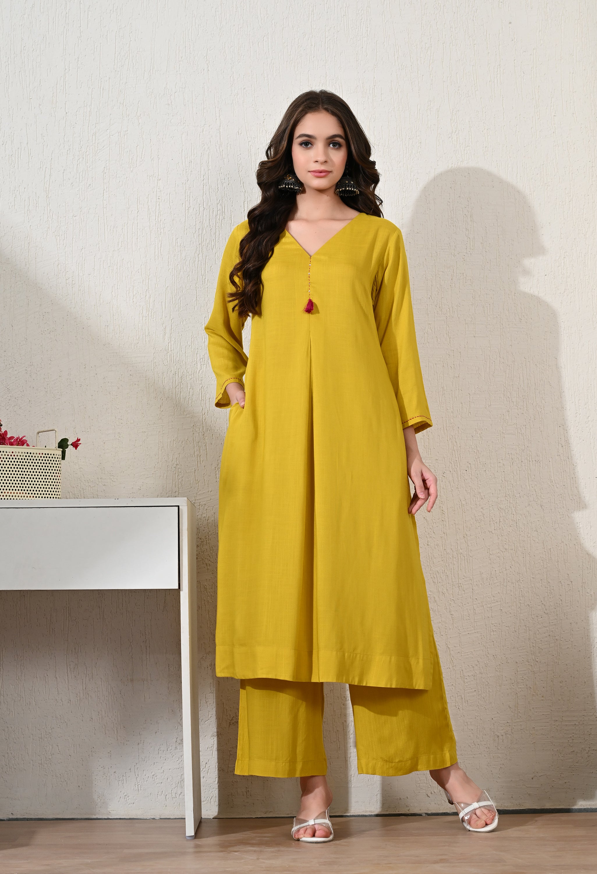 YELLOW BITE RAYON KURTA SET