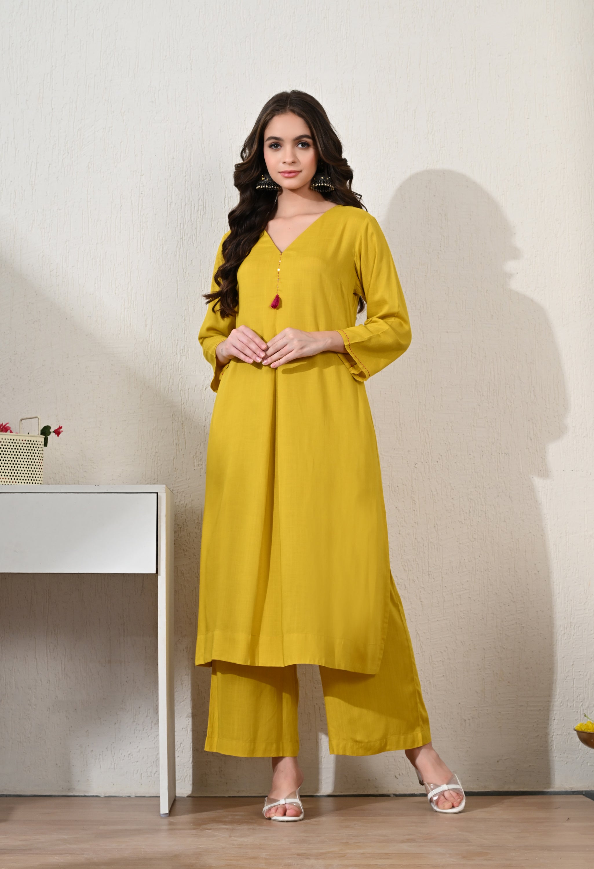 YELLOW BITE RAYON KURTA SET