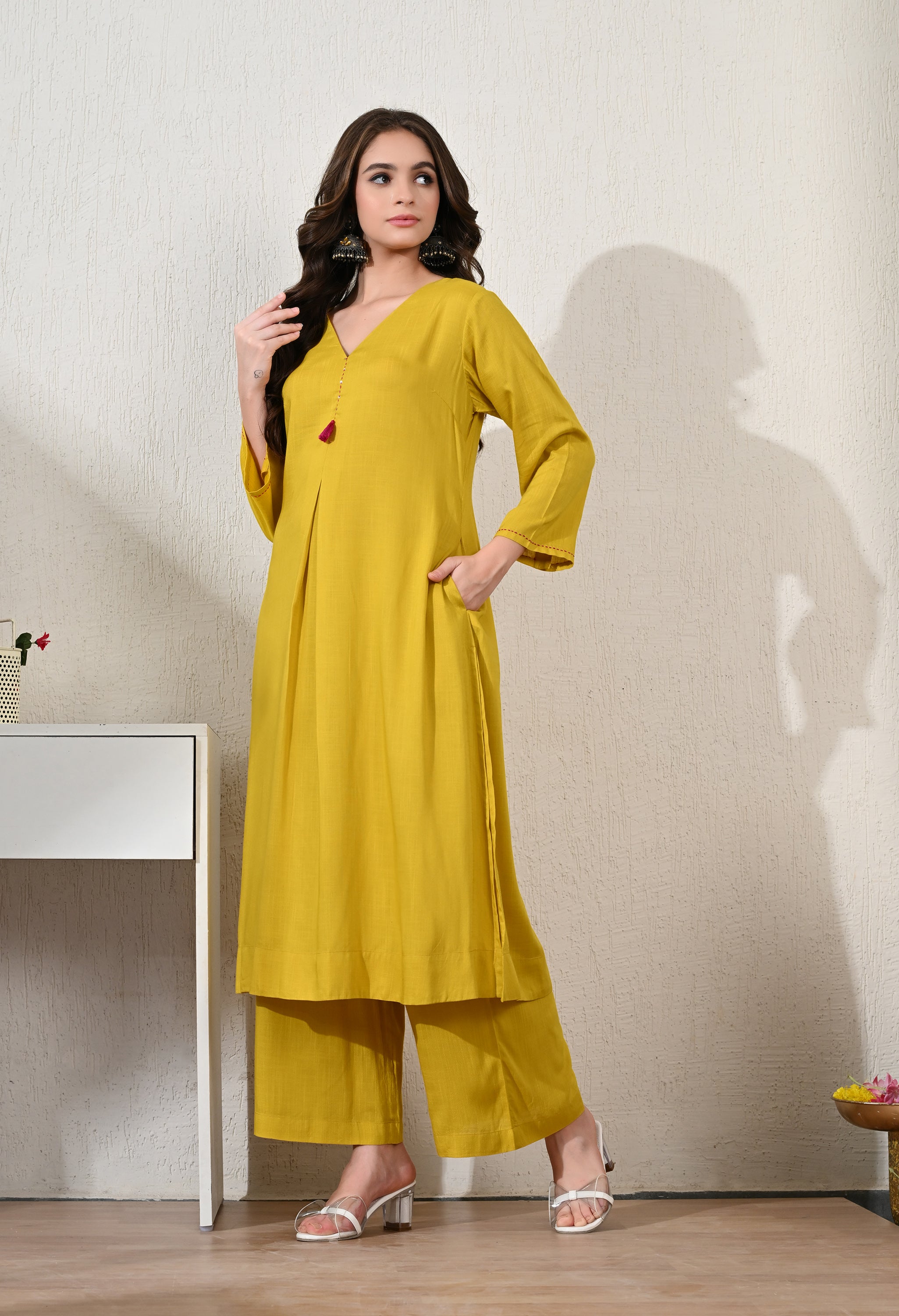 YELLOW BITE RAYON KURTA SET