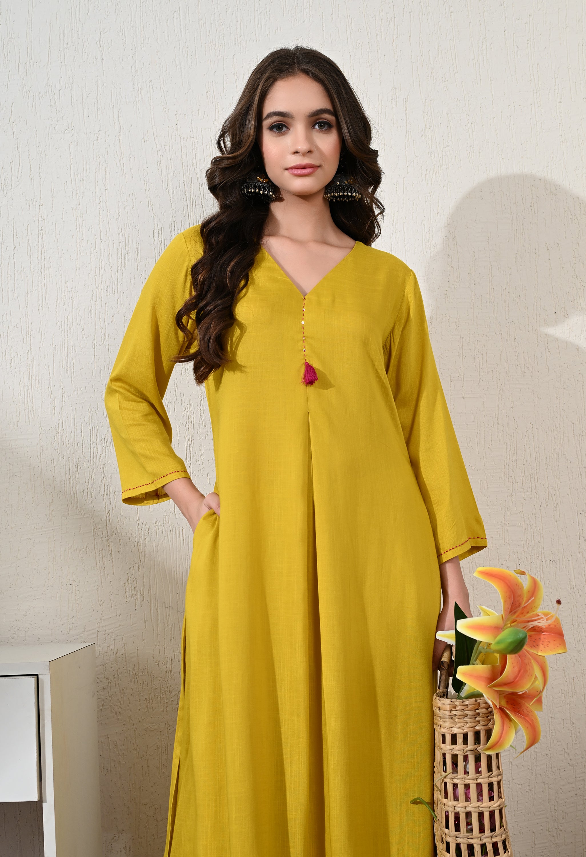 YELLOW BITE RAYON KURTA SET