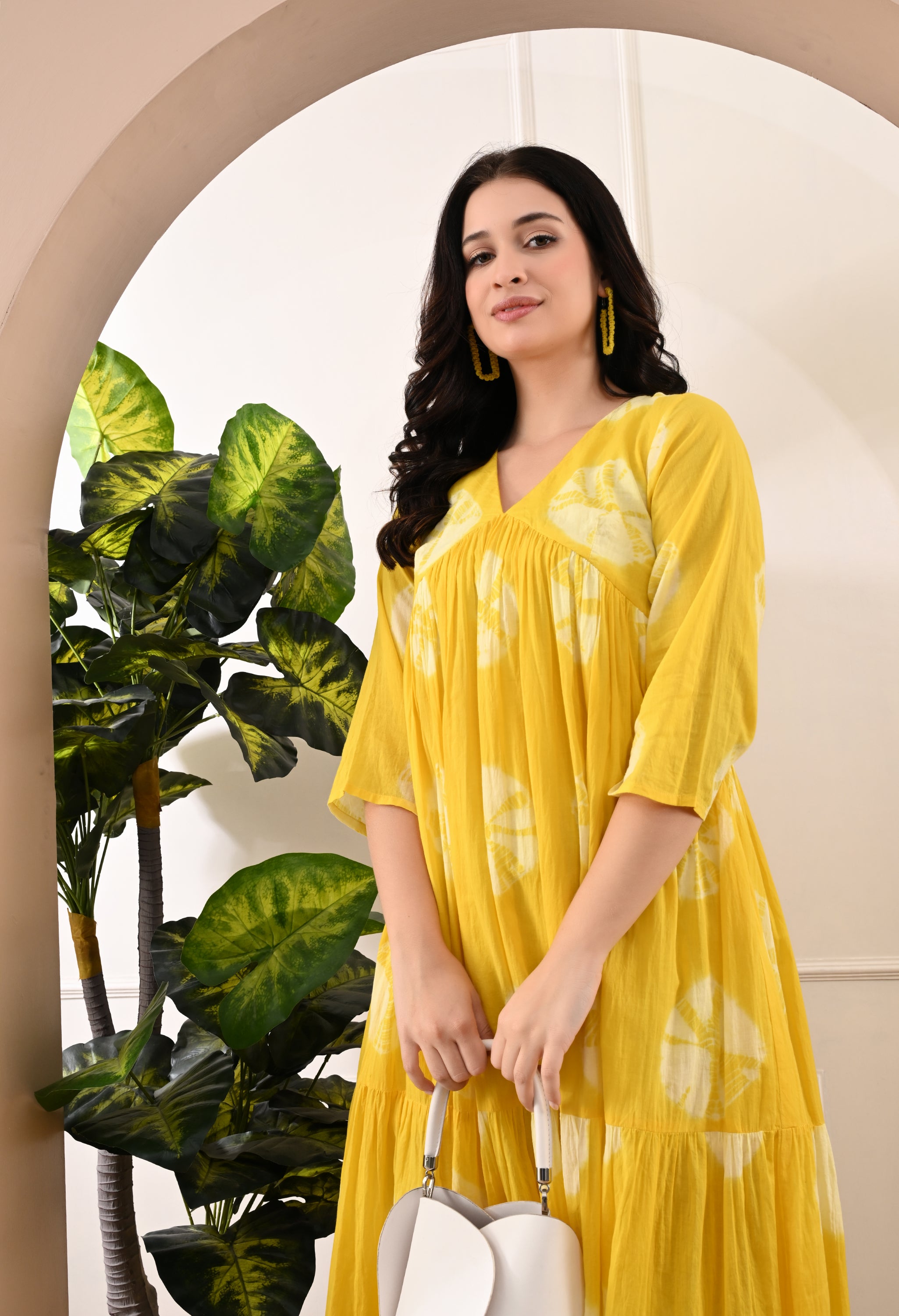 YELLOW HANDBLOCK COTTON TIER DRESS