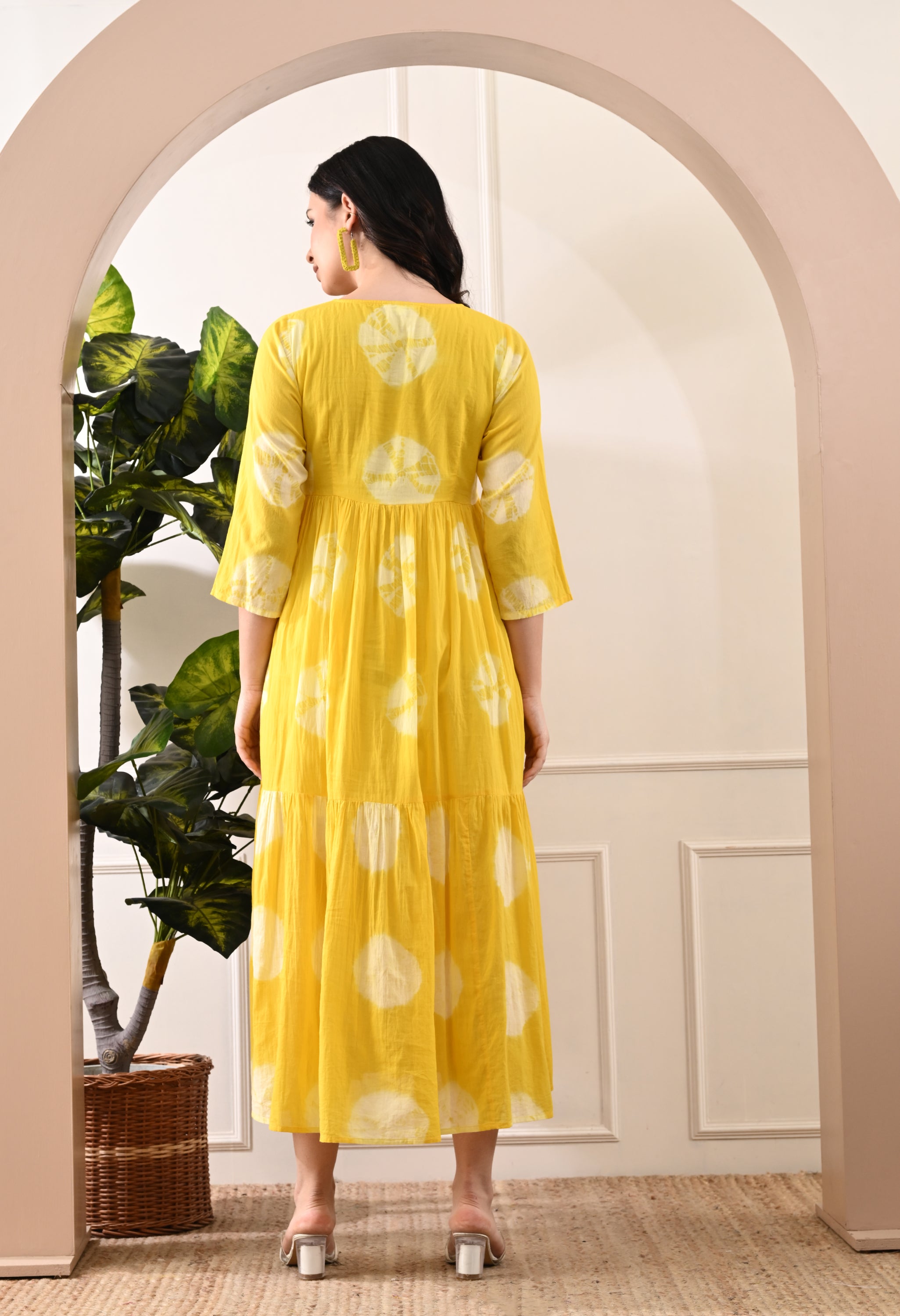 YELLOW HANDBLOCK COTTON TIER DRESS