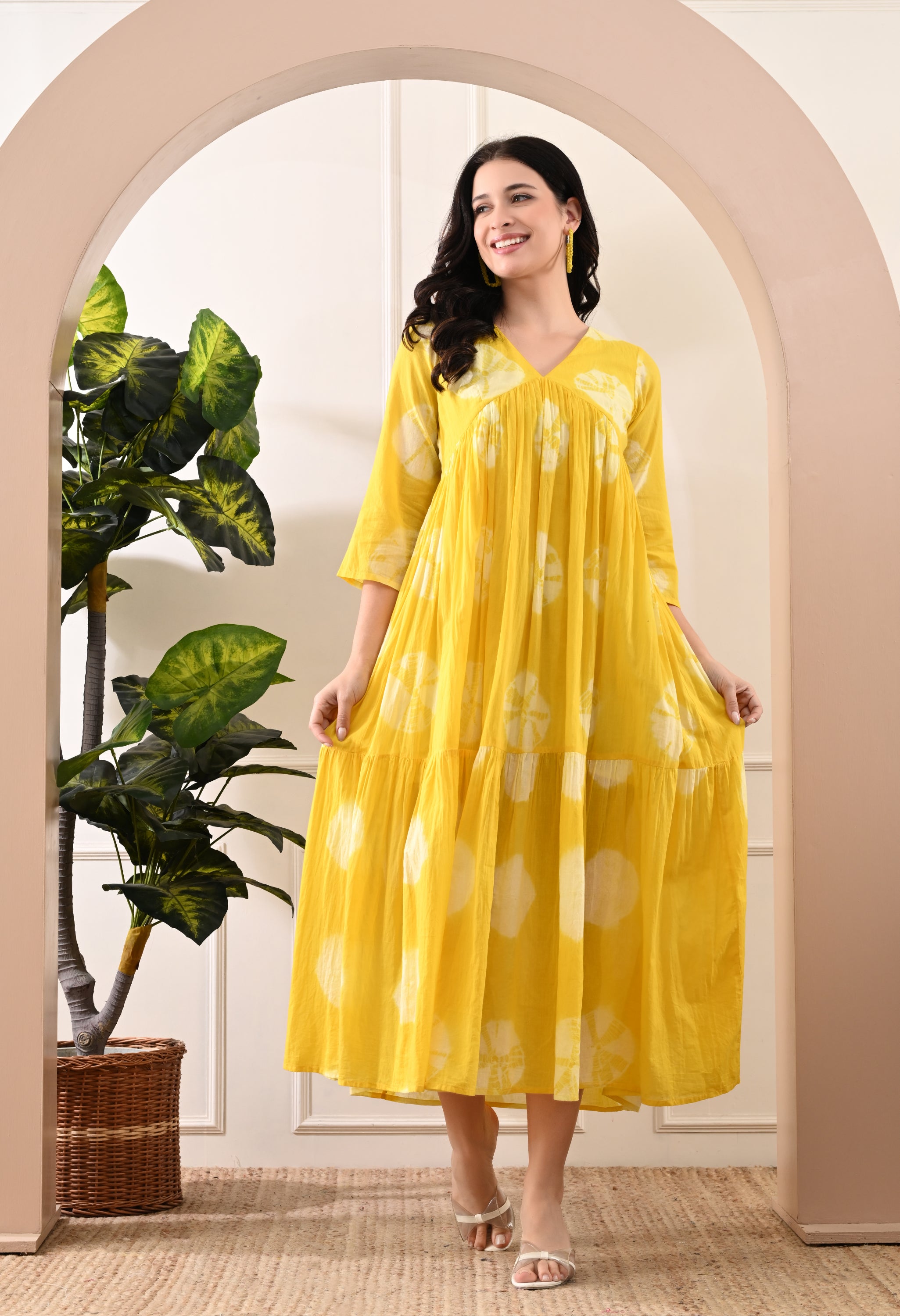 YELLOW HANDBLOCK COTTON TIER DRESS