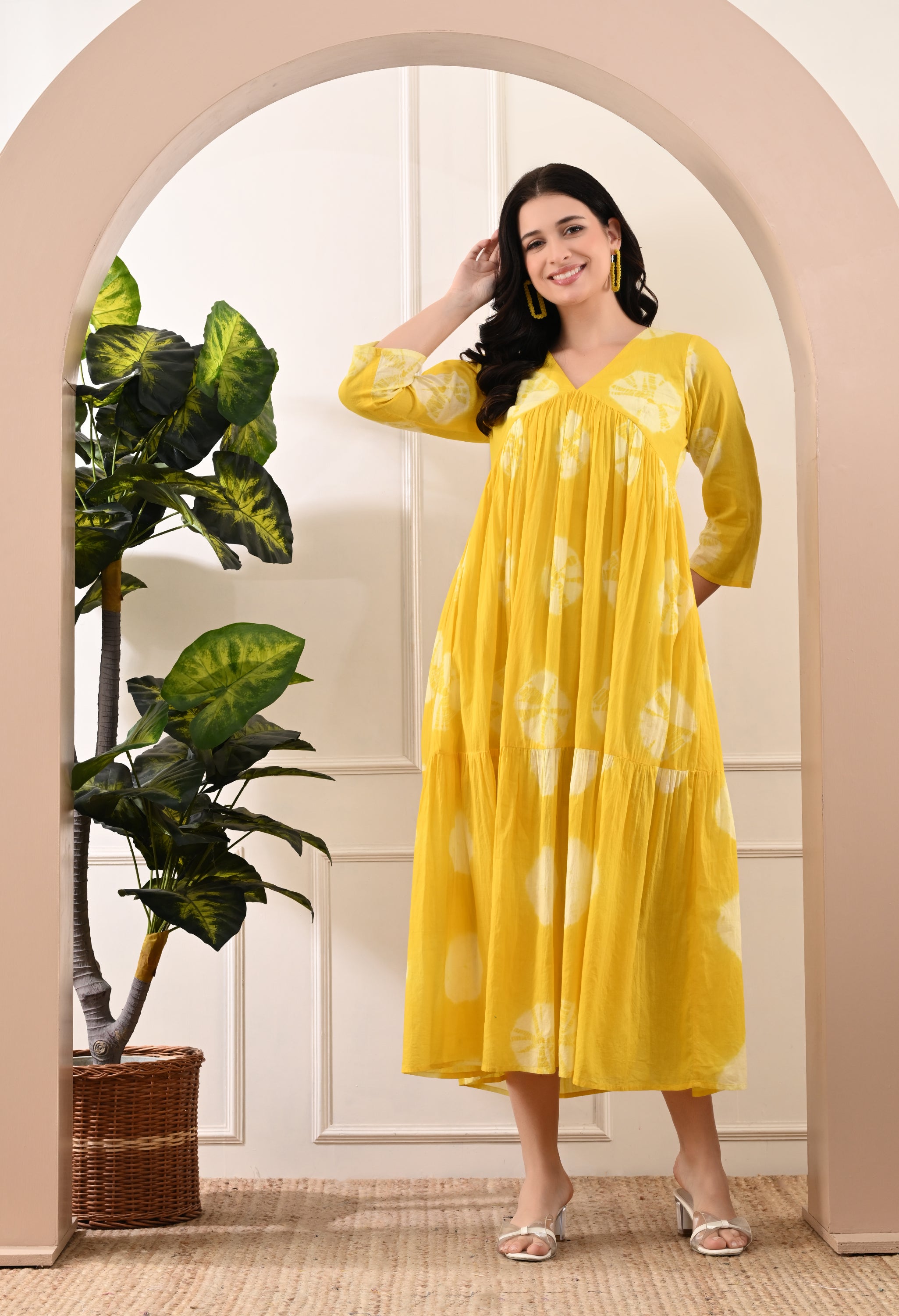 YELLOW HANDBLOCK COTTON TIER DRESS