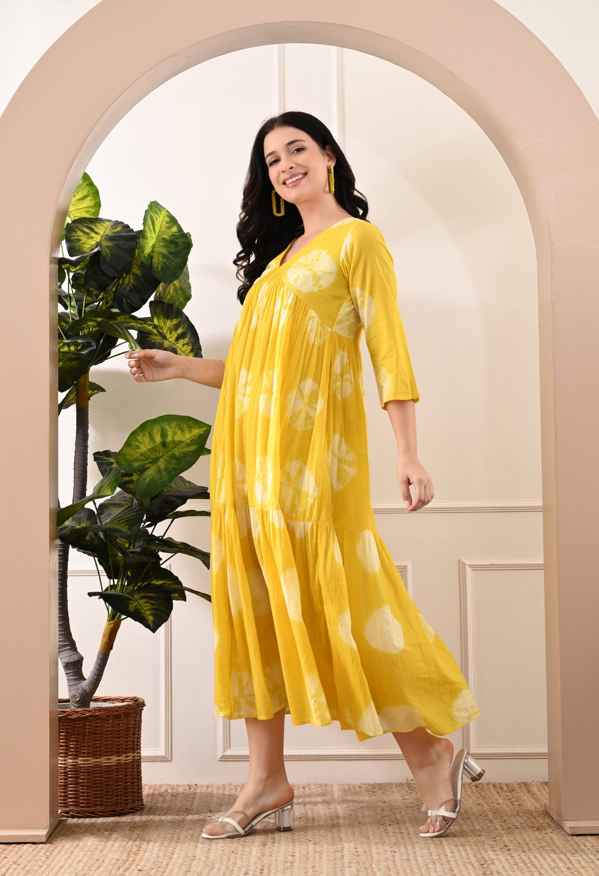 YELLOW HANDBLOCK COTTON TIER DRESS