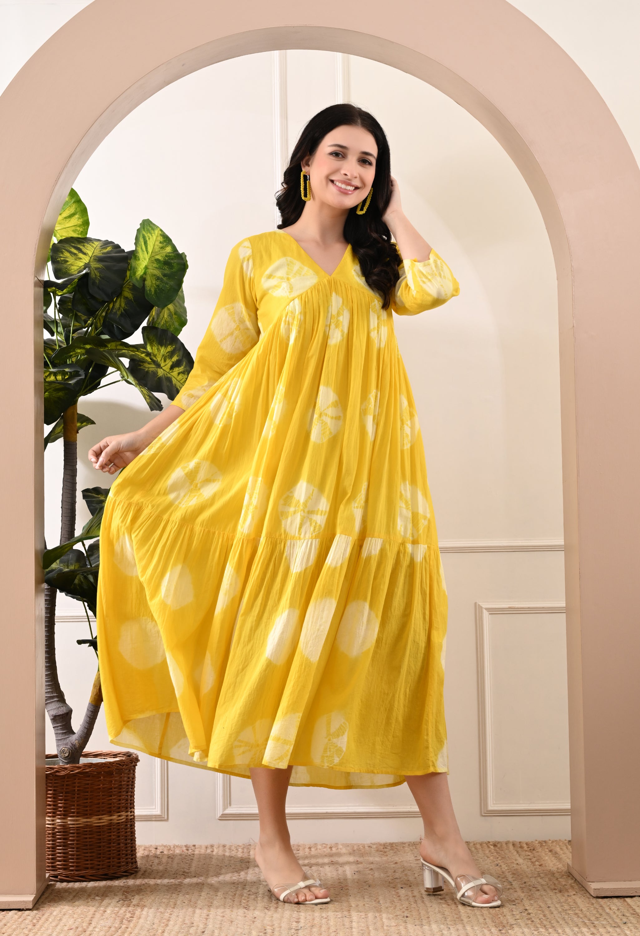 YELLOW HANDBLOCK COTTON TIER DRESS