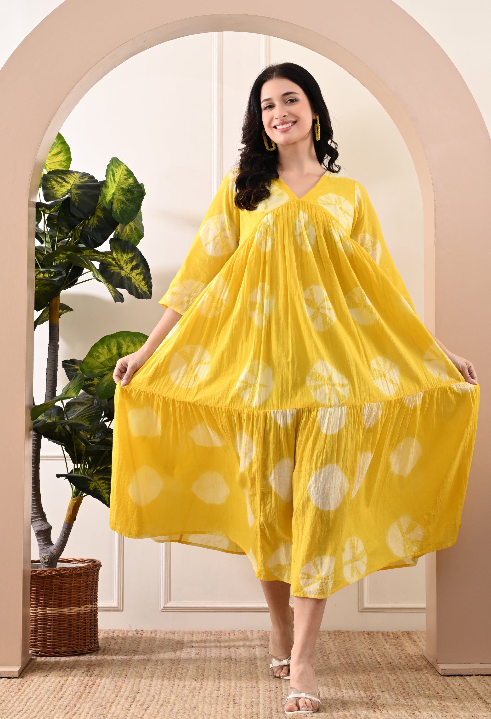 YELLOW HANDBLOCK COTTON TIER DRESS