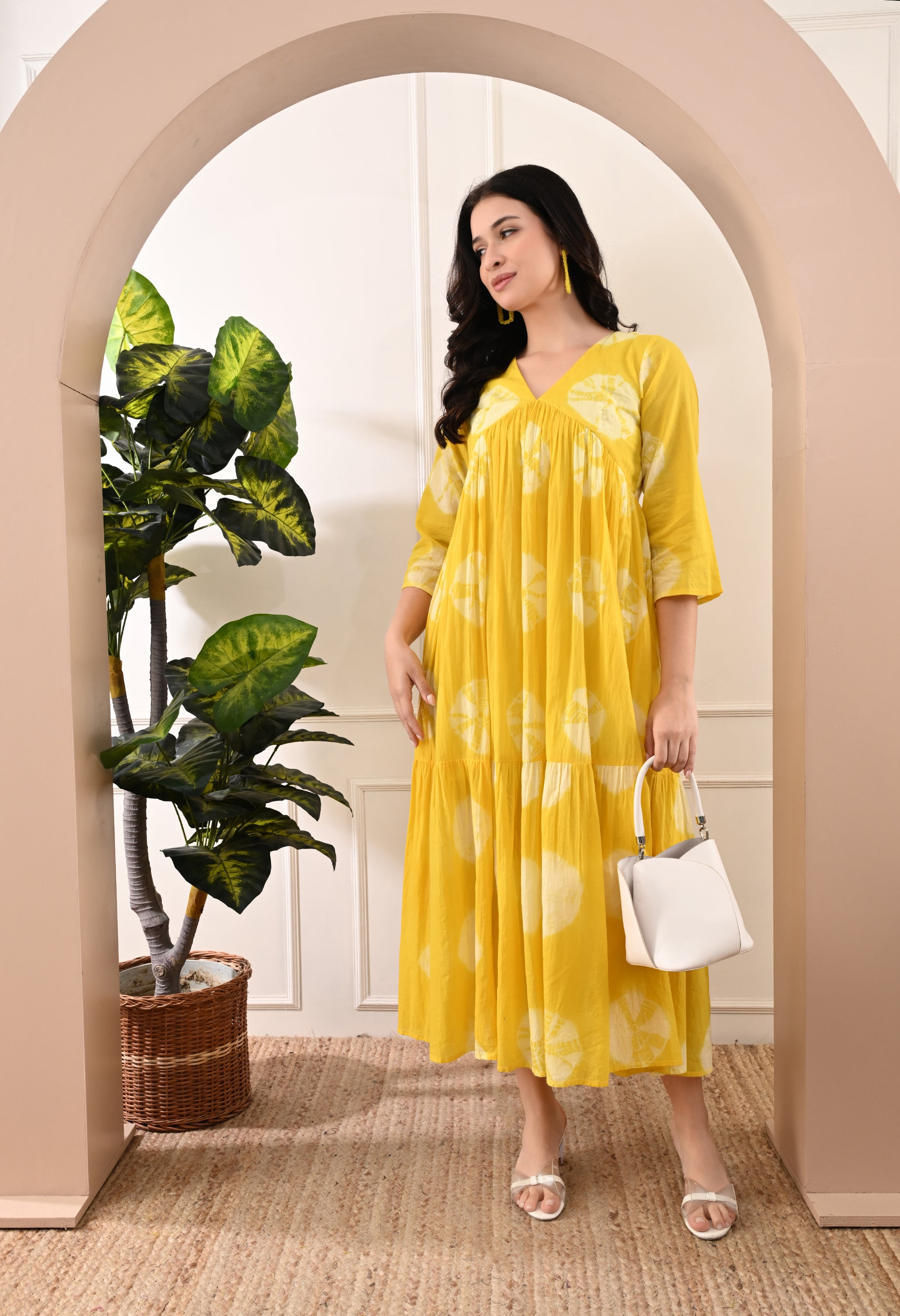 YELLOW HANDBLOCK COTTON TIER DRESS