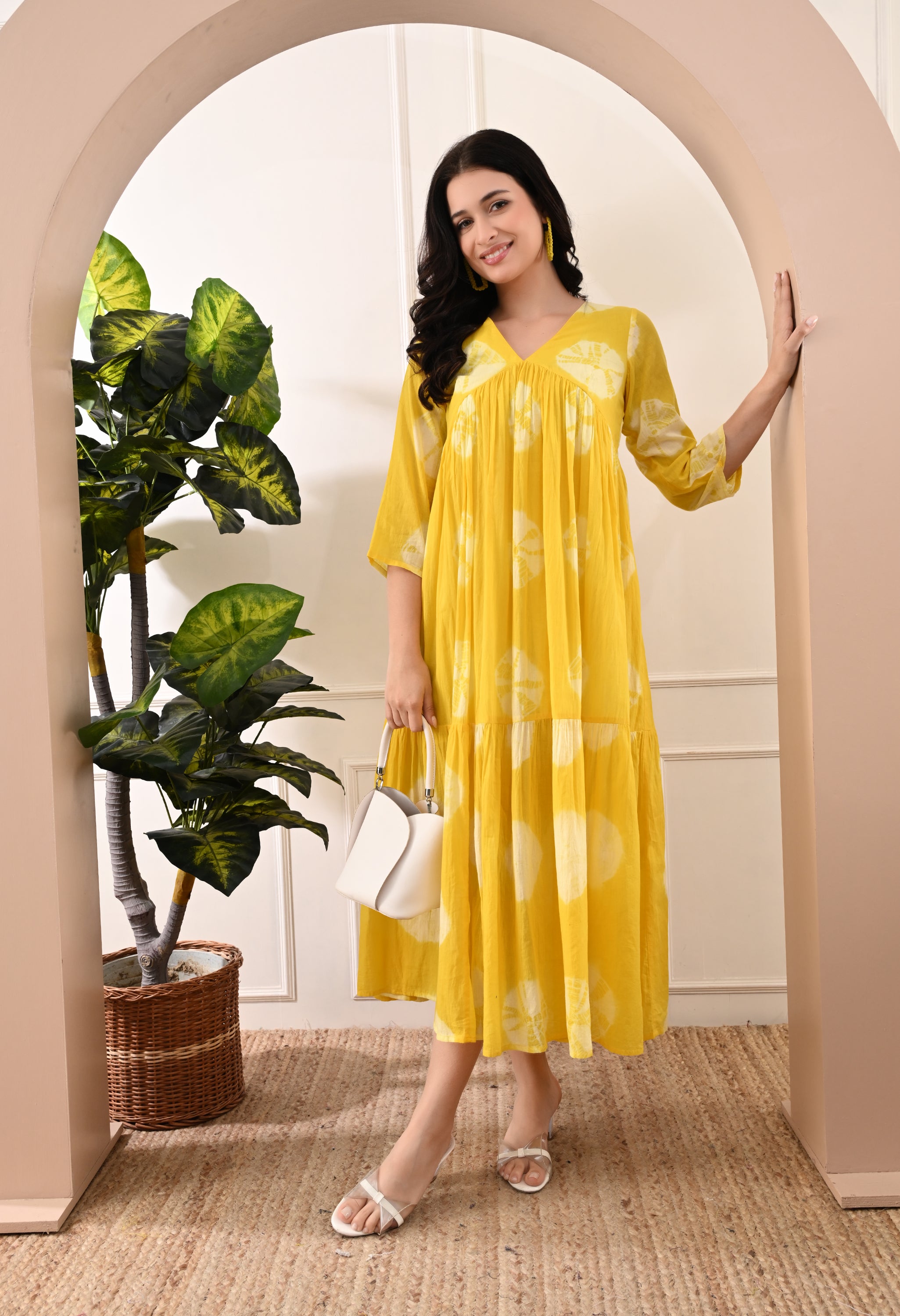 YELLOW HANDBLOCK COTTON TIER DRESS