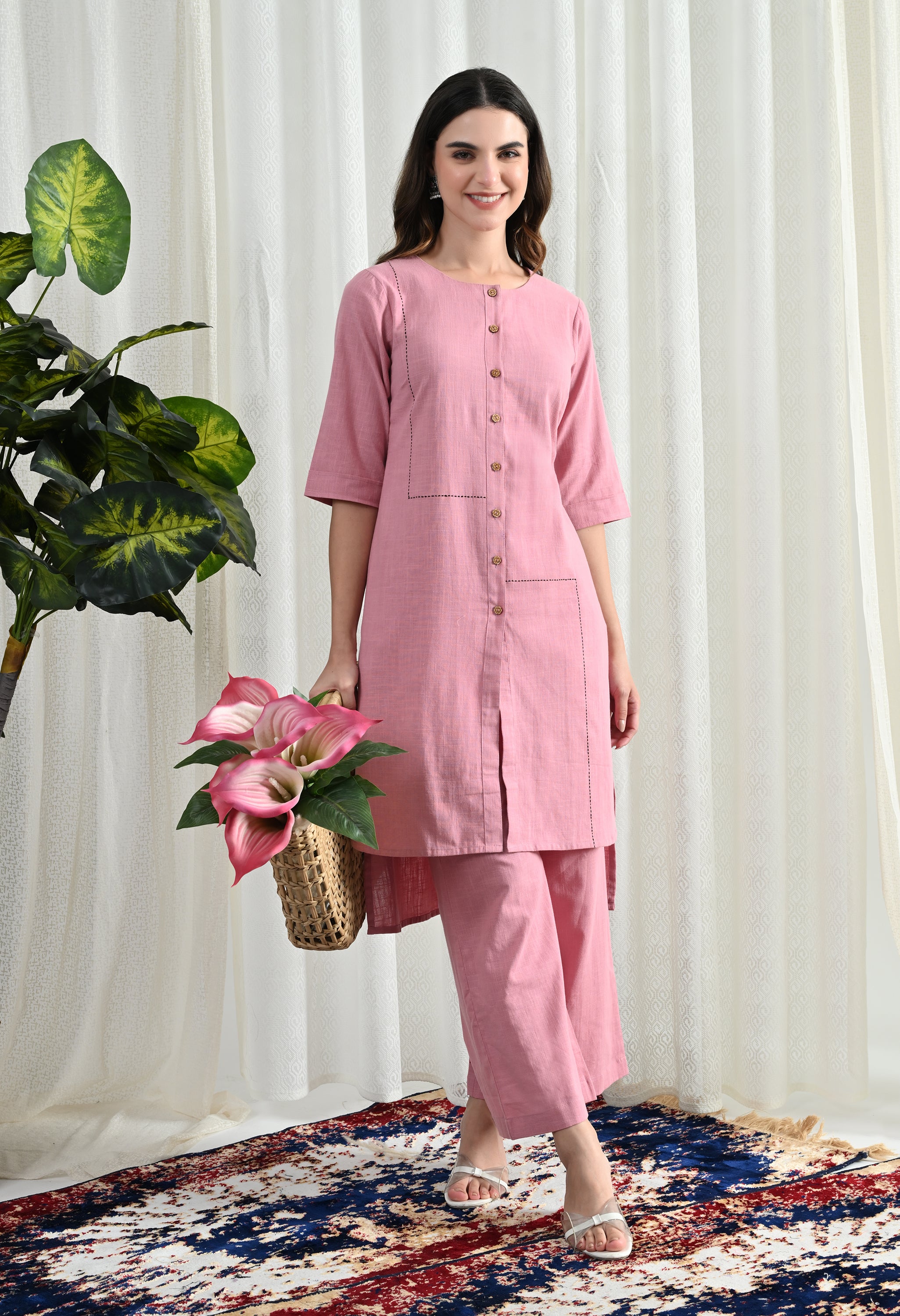 PEACH PINK COTTON KURTA SET