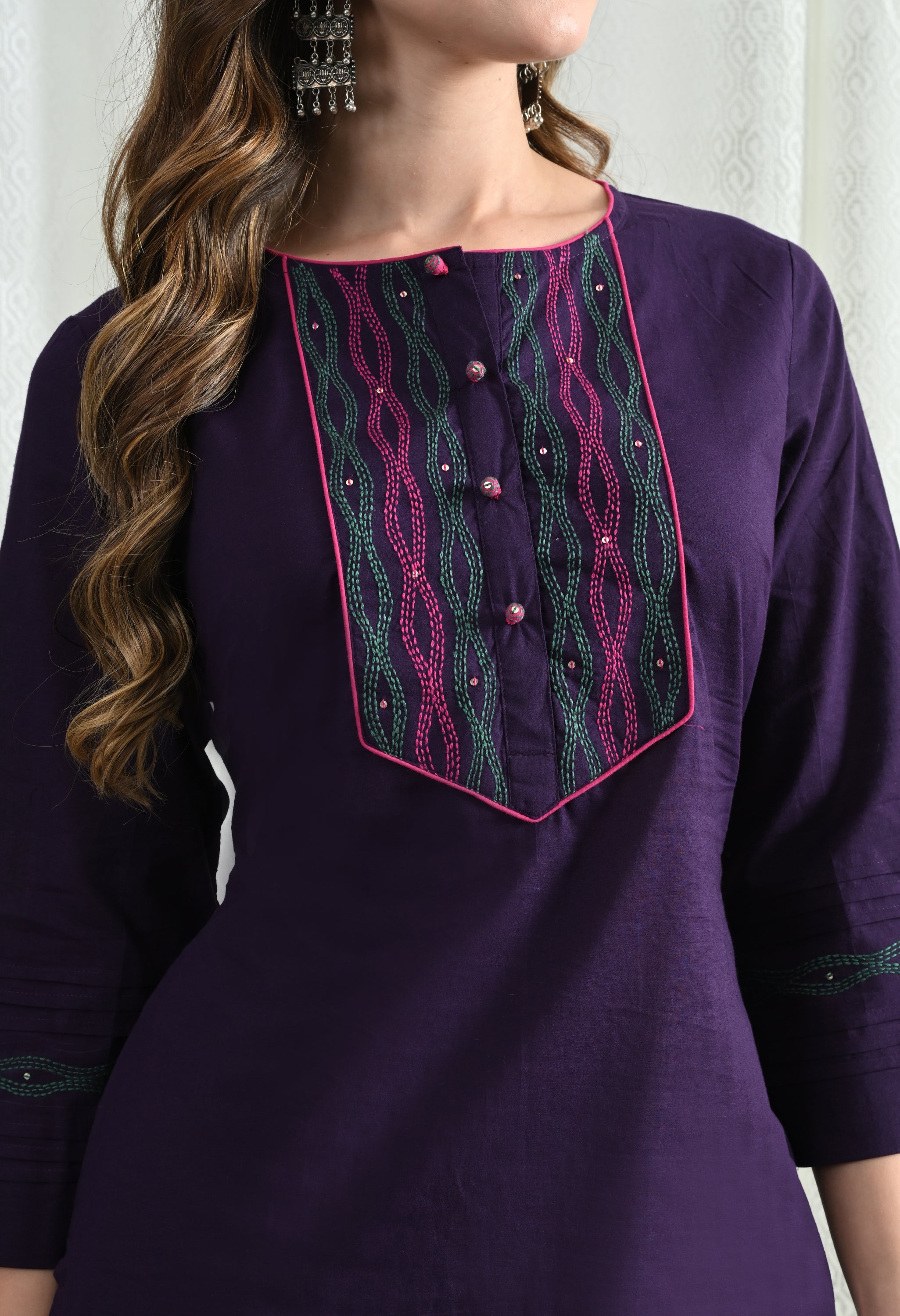 PURPEL KANTHA KURTA SET