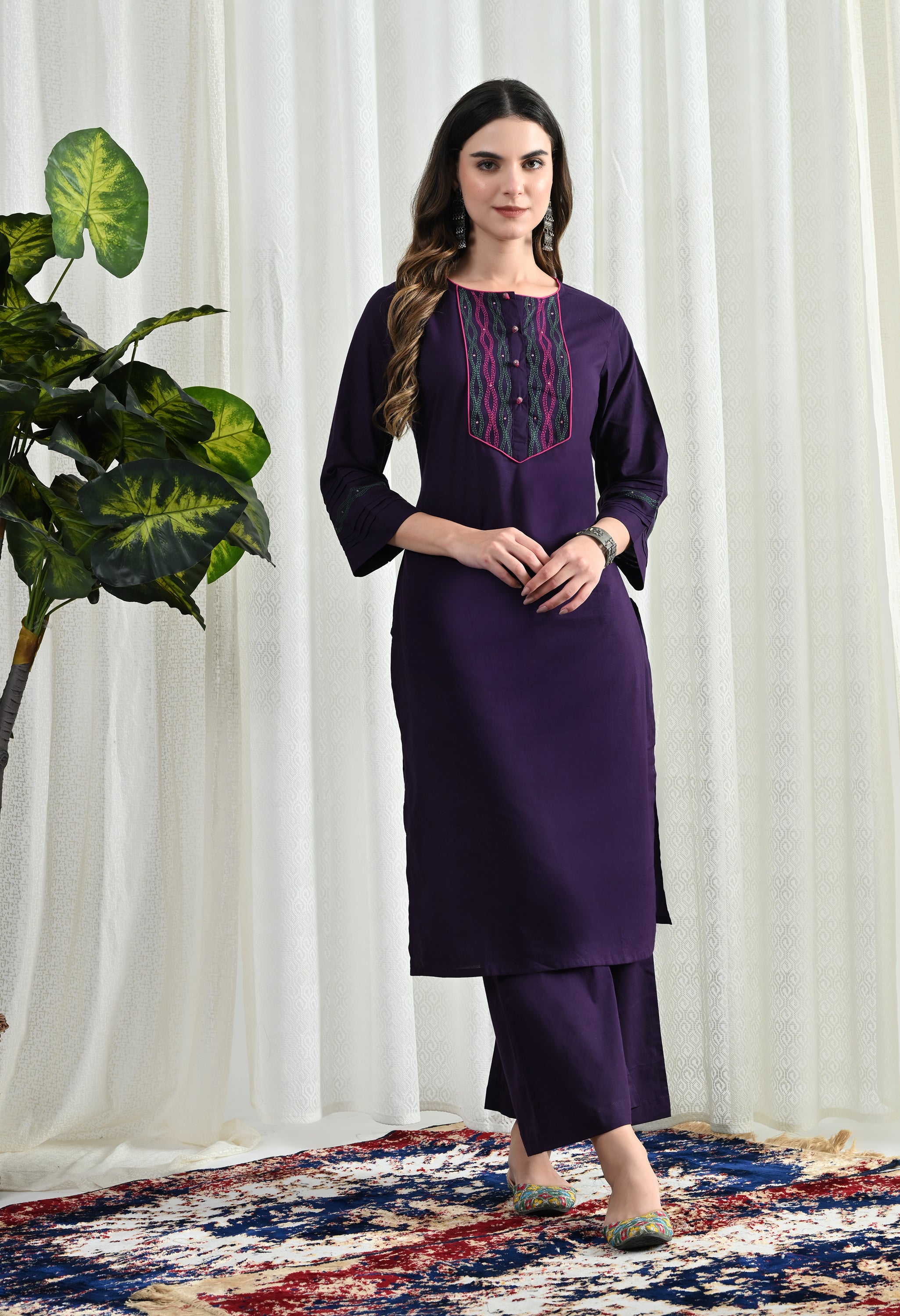 PURPEL KANTHA KURTA SET