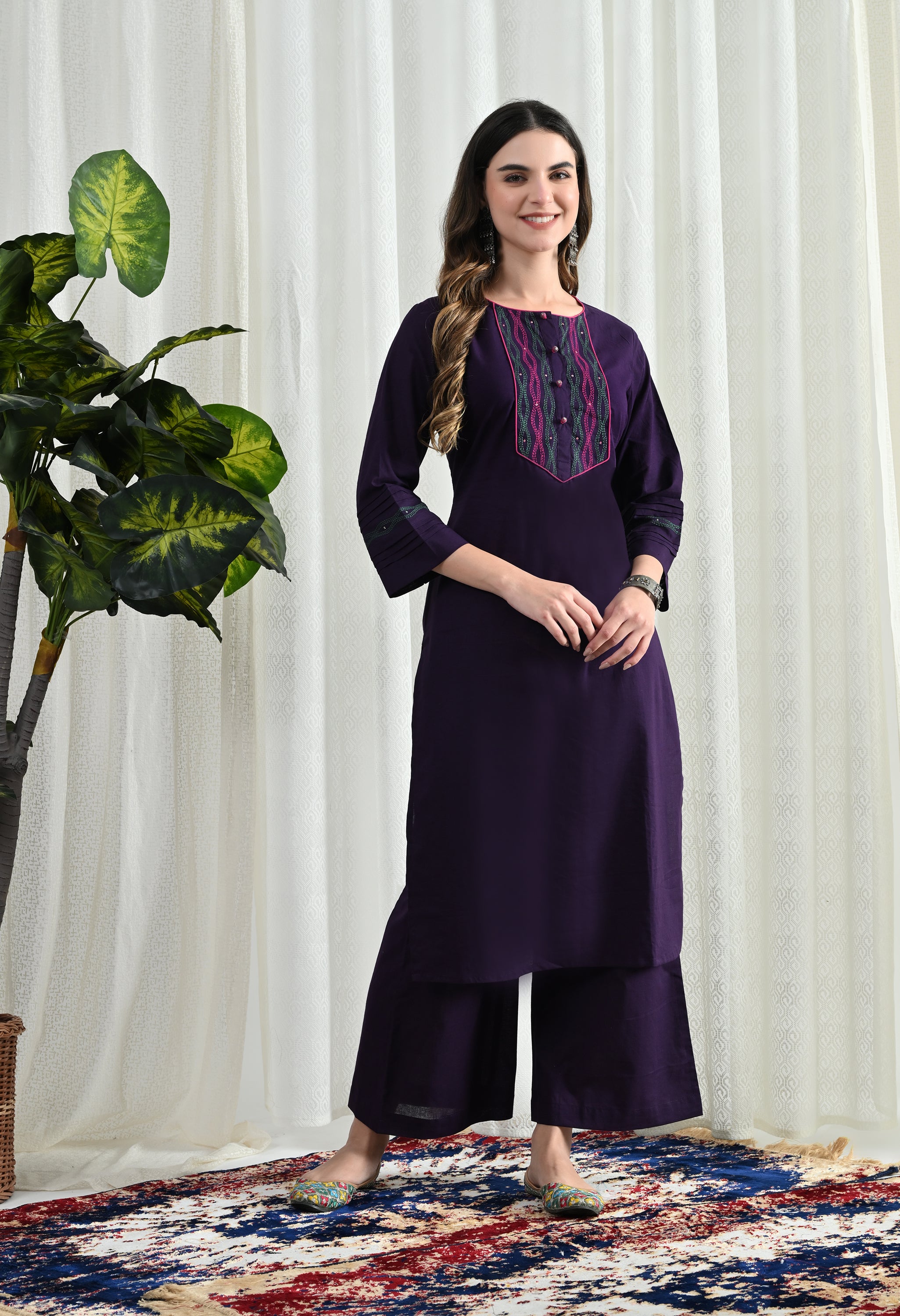 PURPEL KANTHA KURTA SET