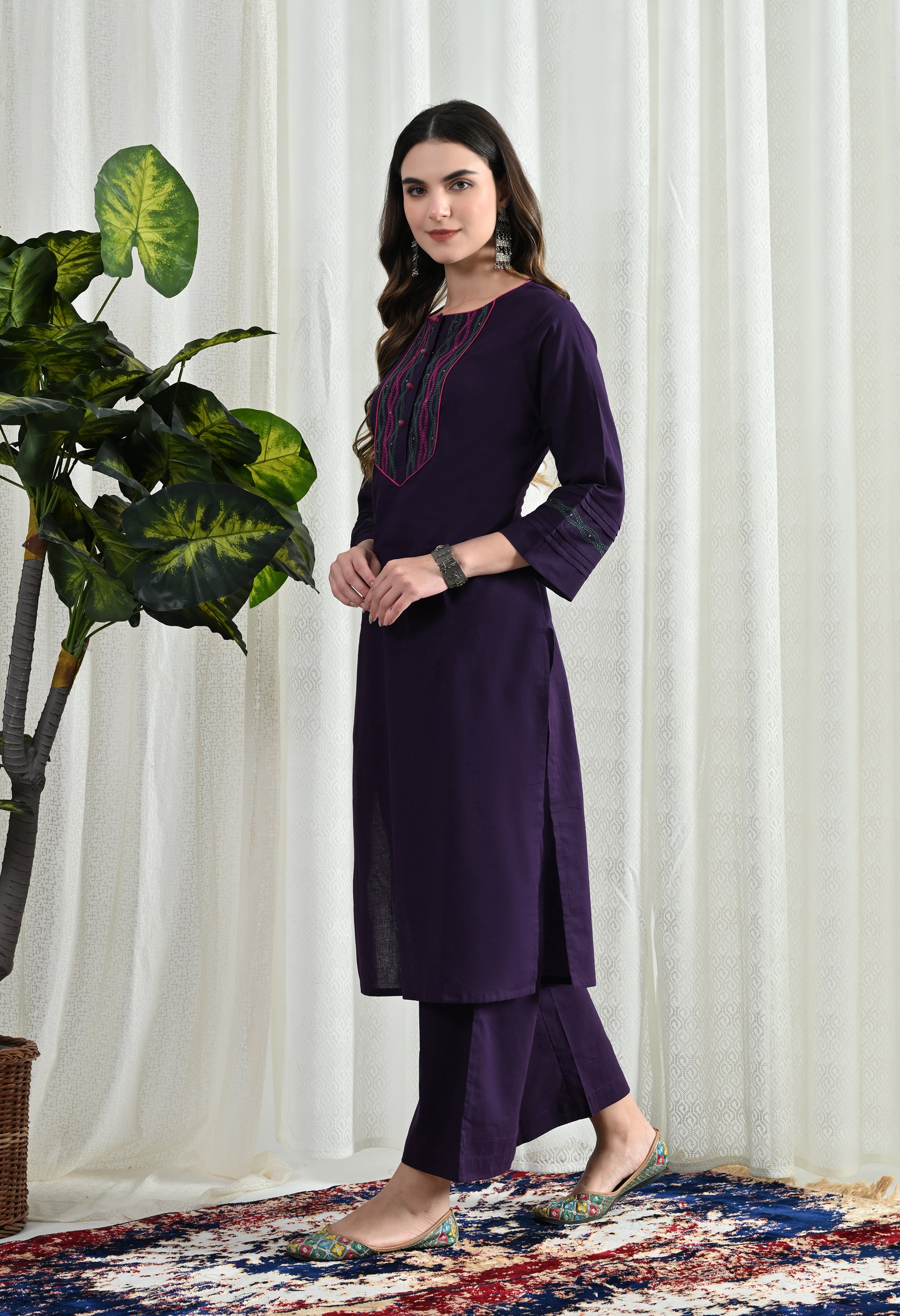 PURPEL KANTHA KURTA SET