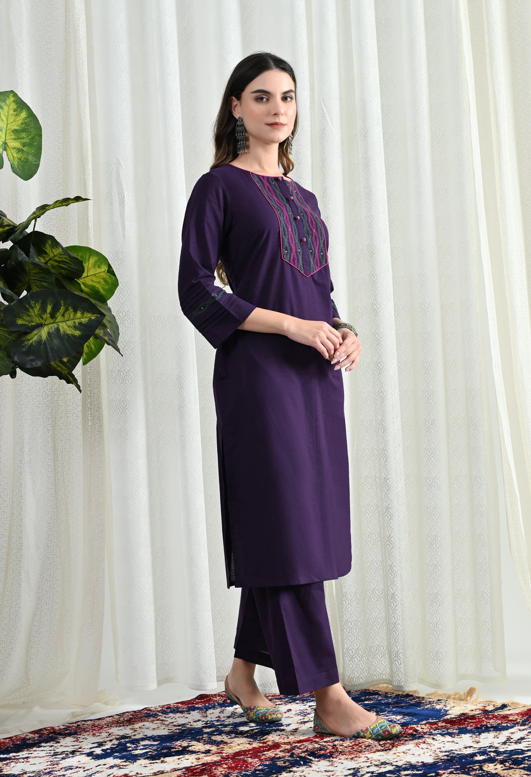 PURPEL KANTHA KURTA SET