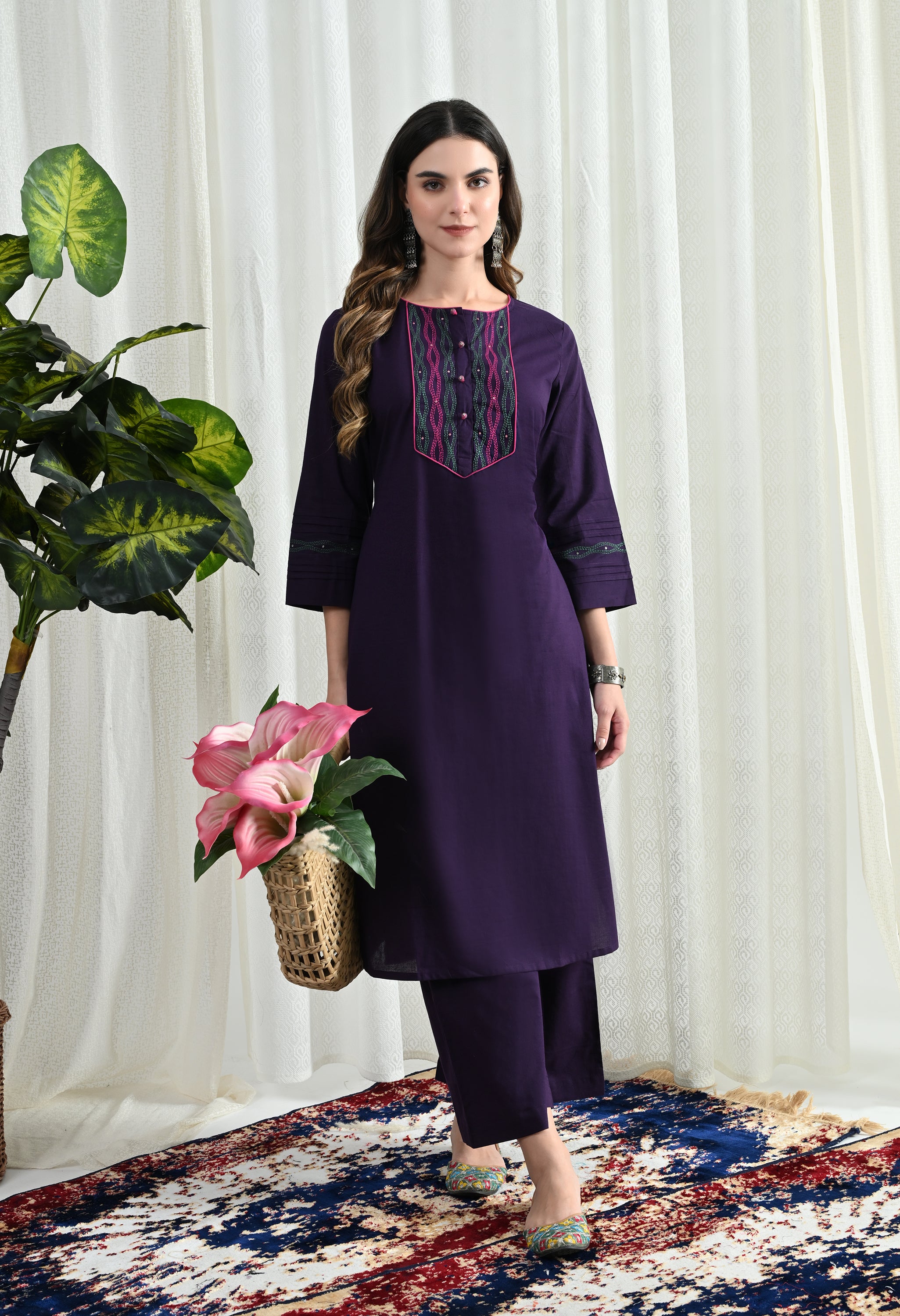 PURPEL KANTHA KURTA SET