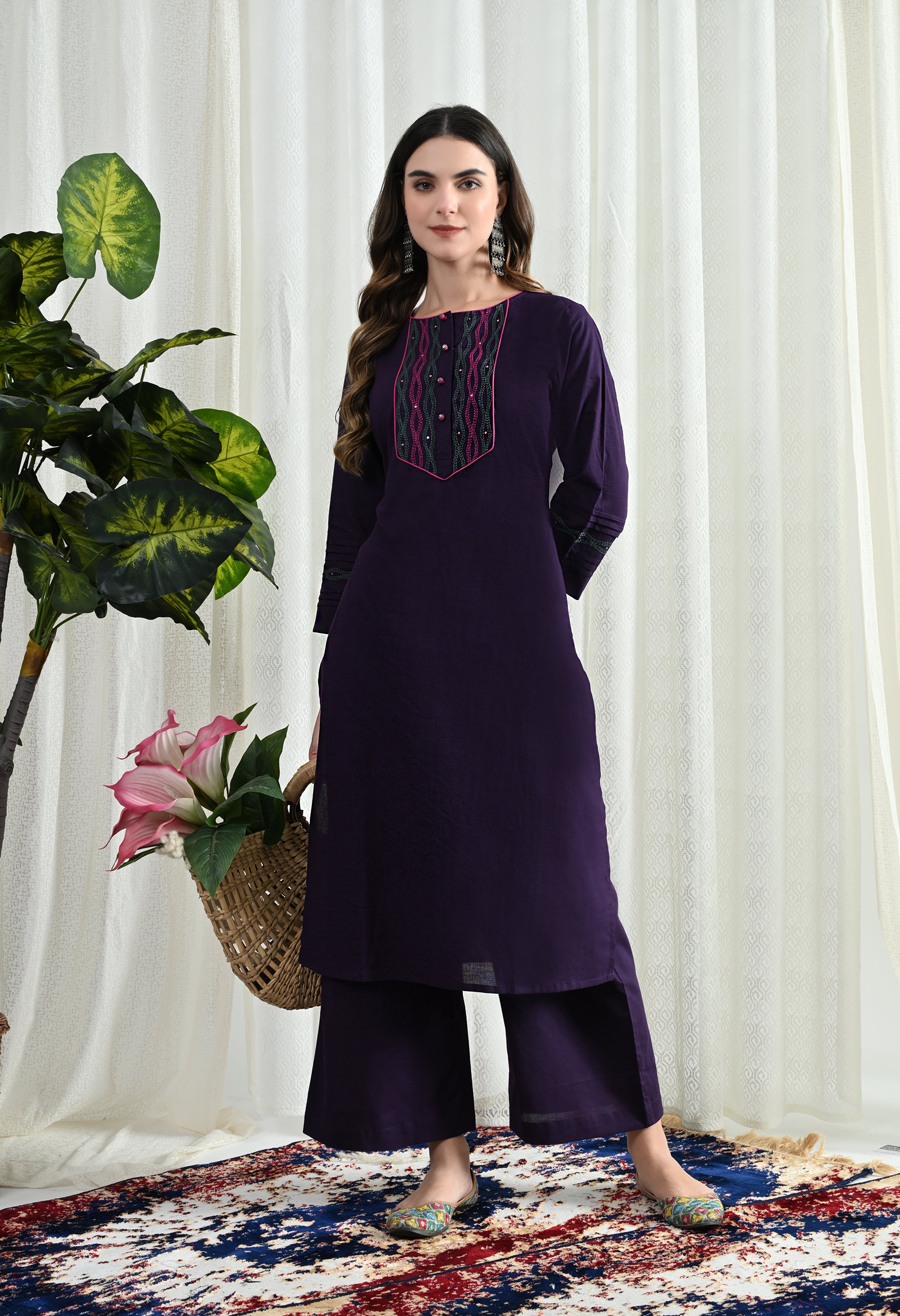 PURPEL KANTHA KURTA SET