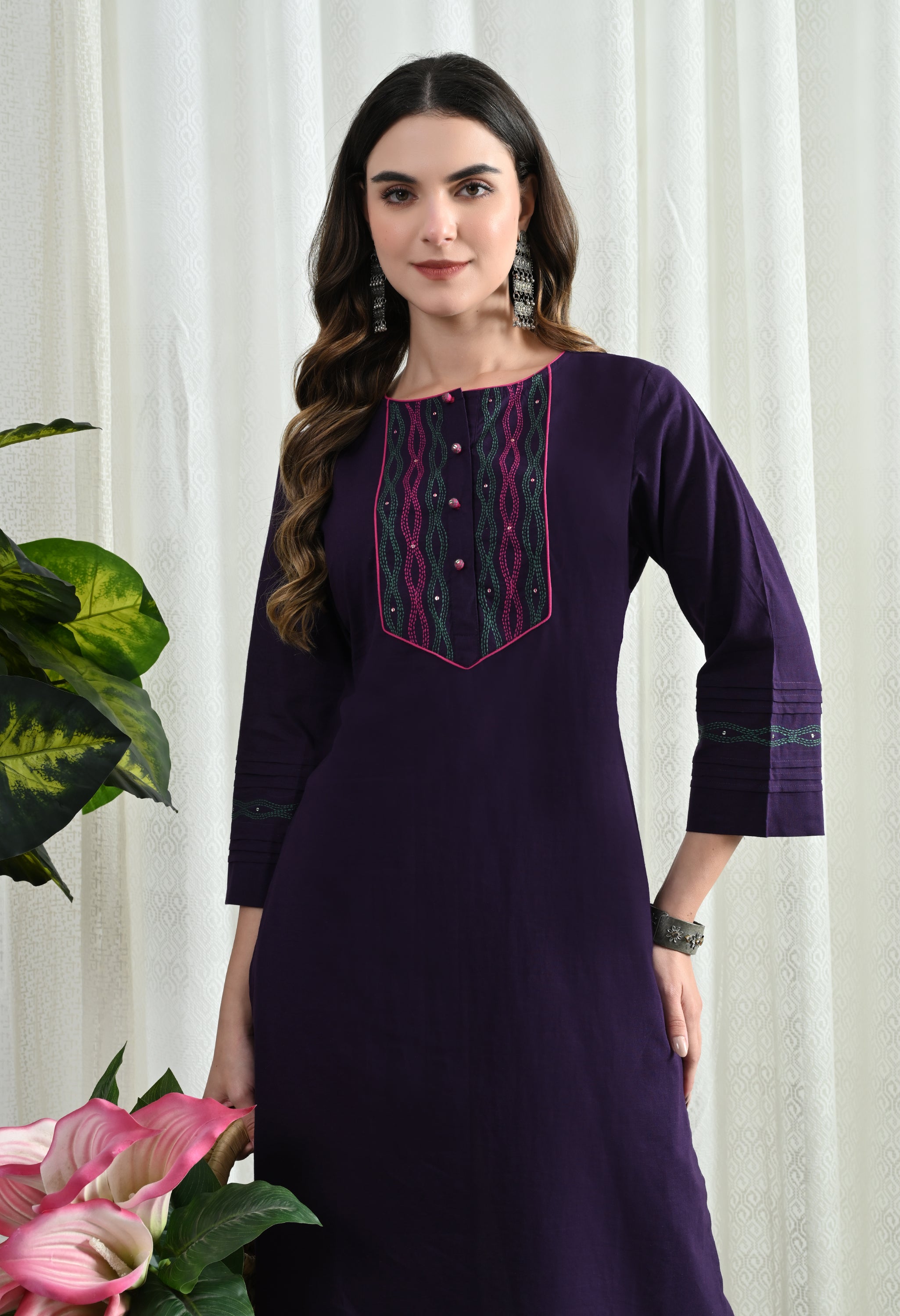 PURPEL KANTHA KURTA SET