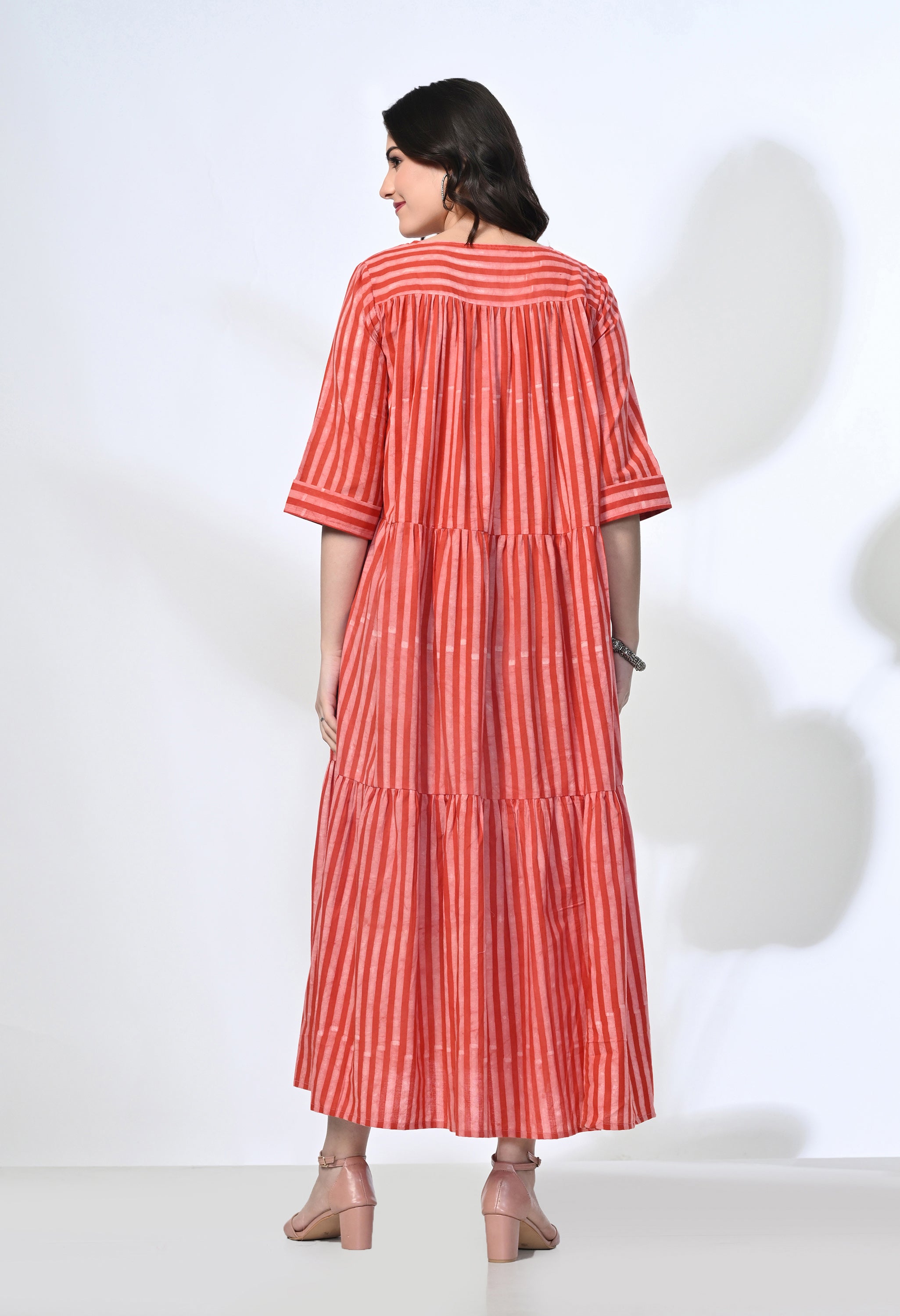 Red Stripes Hand Block Printed Pure Cotton Maxi Dress | 3/4 Sleeves