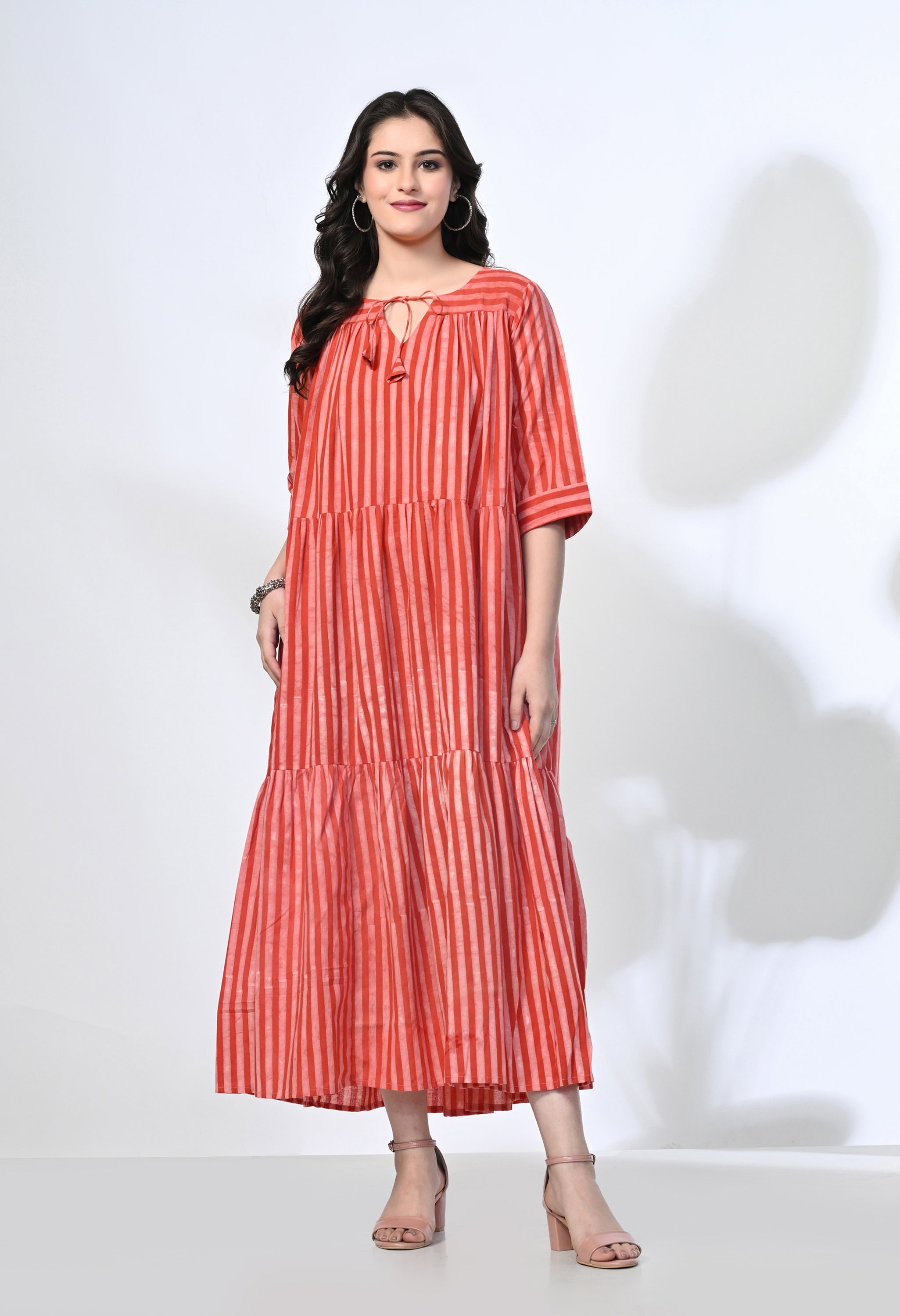 Red Stripes Hand Block Printed Pure Cotton Maxi Dress | 3/4 Sleeves