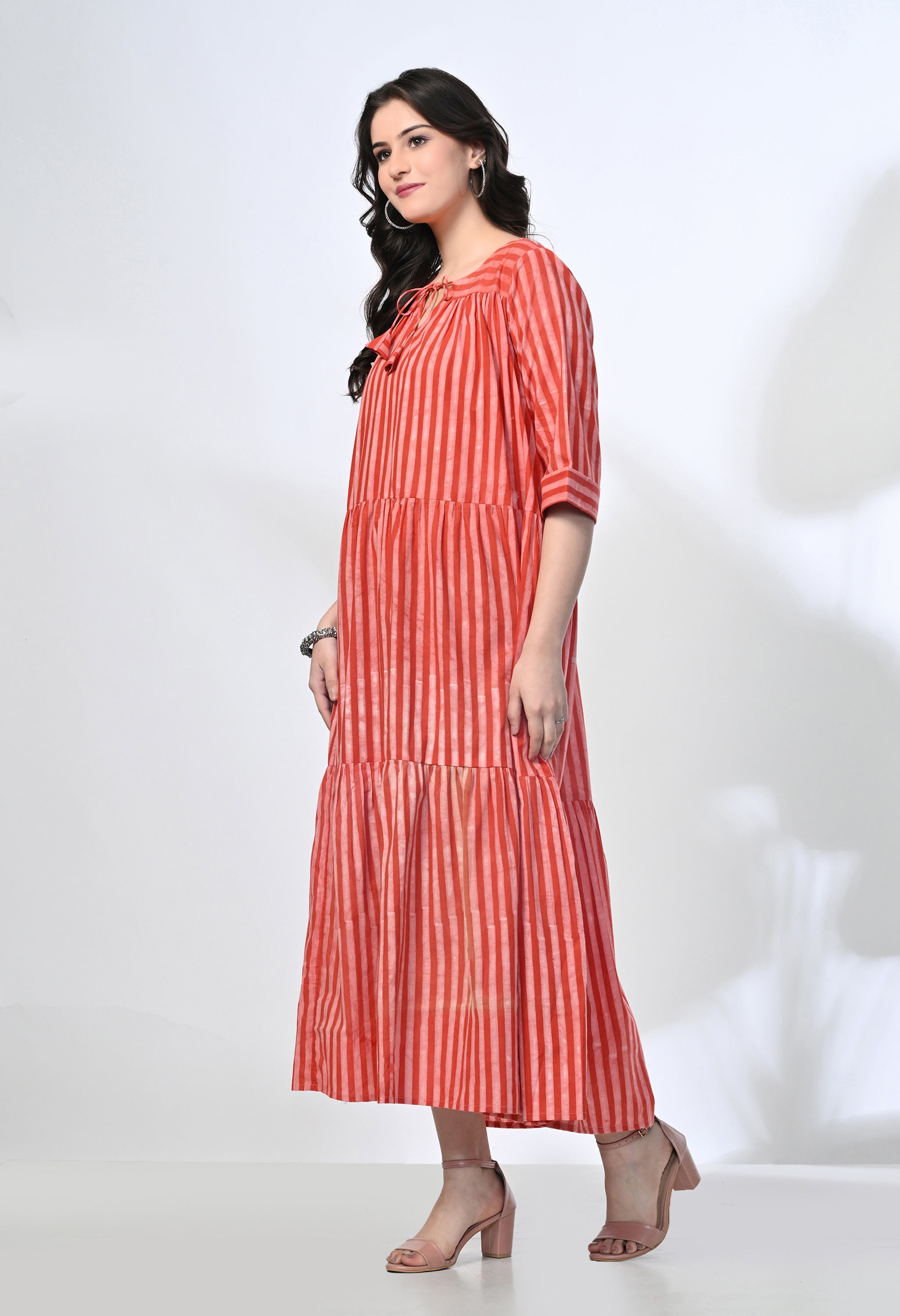 Red Stripes Hand Block Printed Pure Cotton Maxi Dress | 3/4 Sleeves