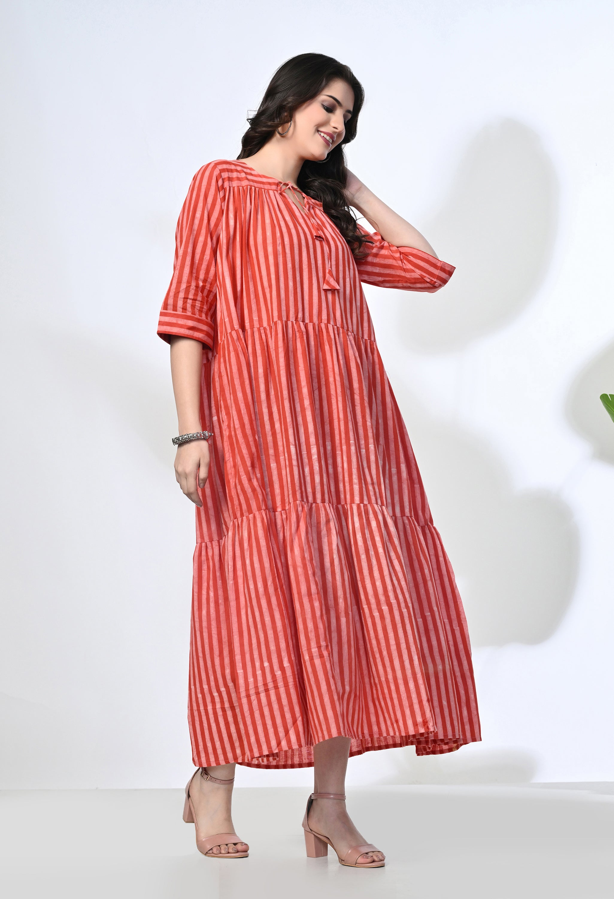 Red Stripes Hand Block Printed Pure Cotton Maxi Dress | 3/4 Sleeves