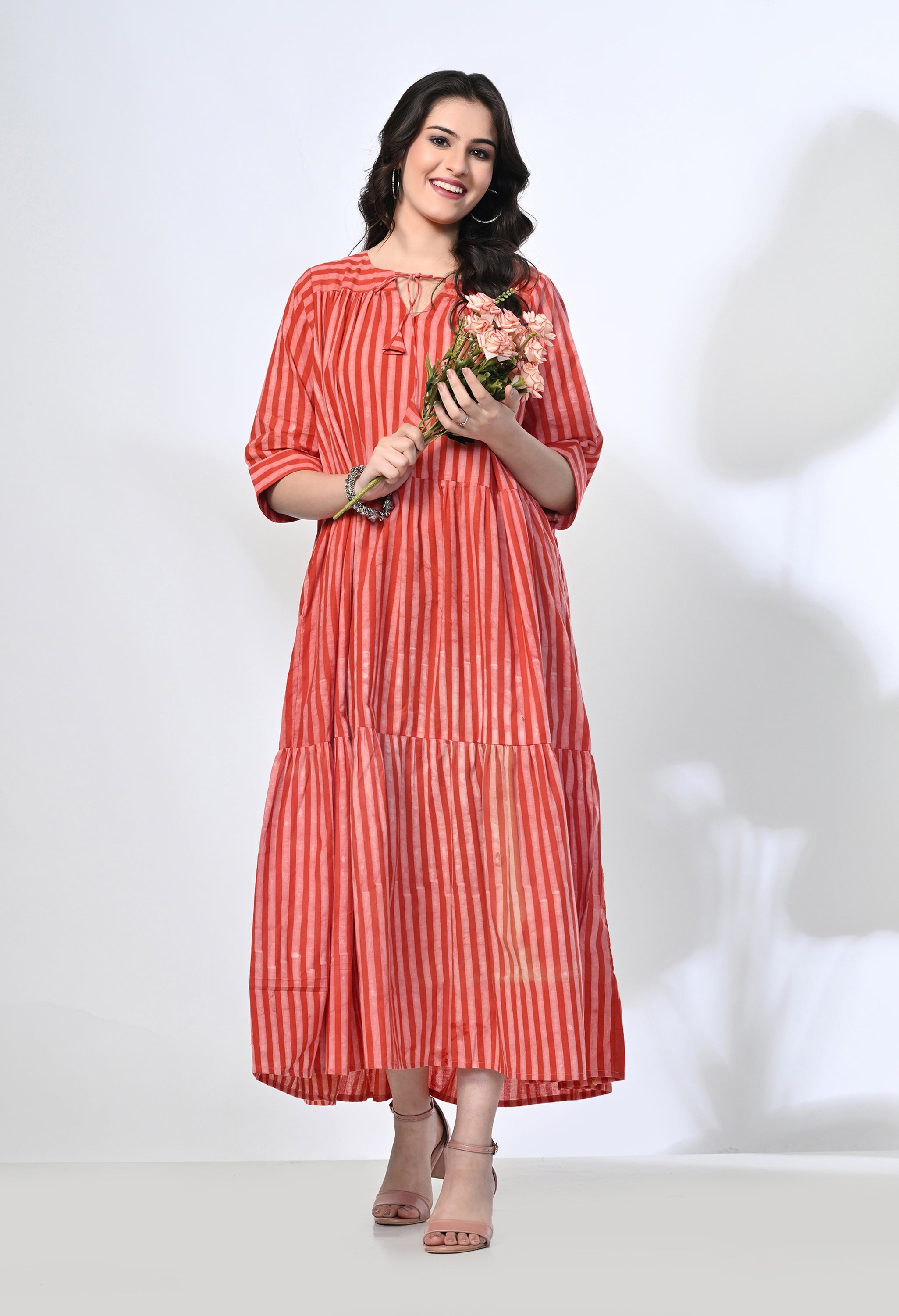 Red Stripes Hand Block Printed Pure Cotton Maxi Dress | 3/4 Sleeves