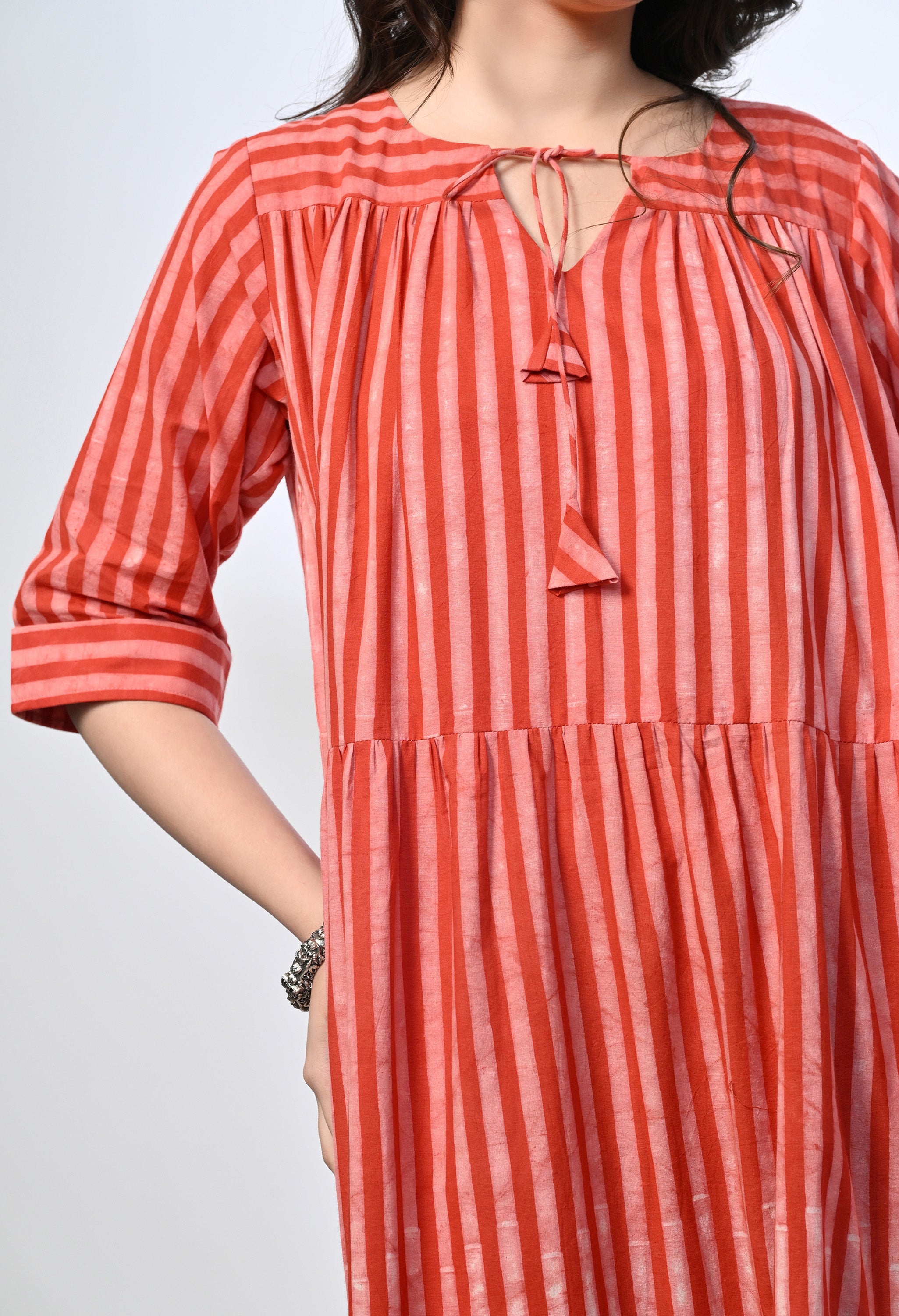 Red Stripes Hand Block Printed Pure Cotton Maxi Dress | 3/4 Sleeves