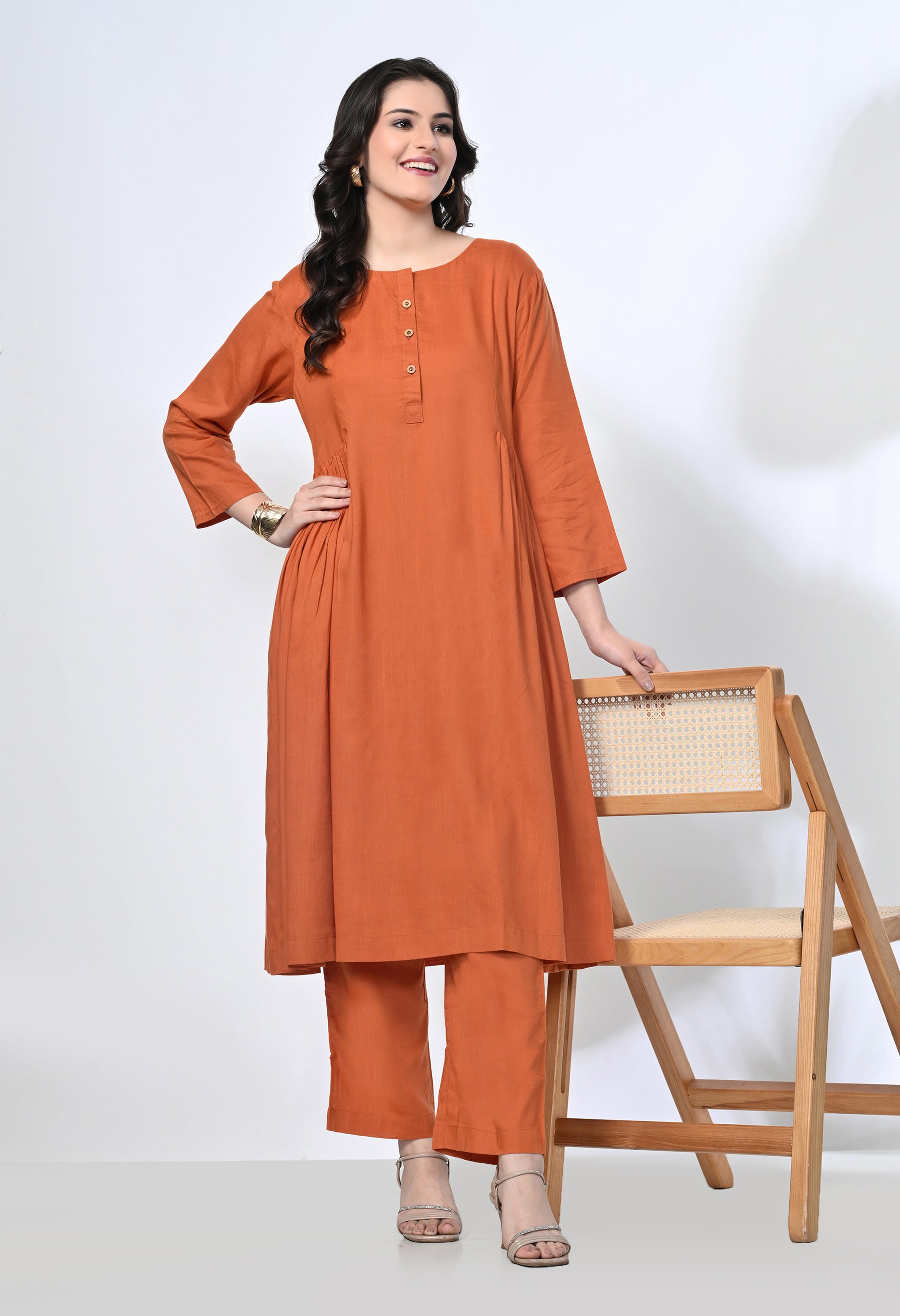 Rust Viscose Rayon Kurta Set | 2-Piece Co-ord Set