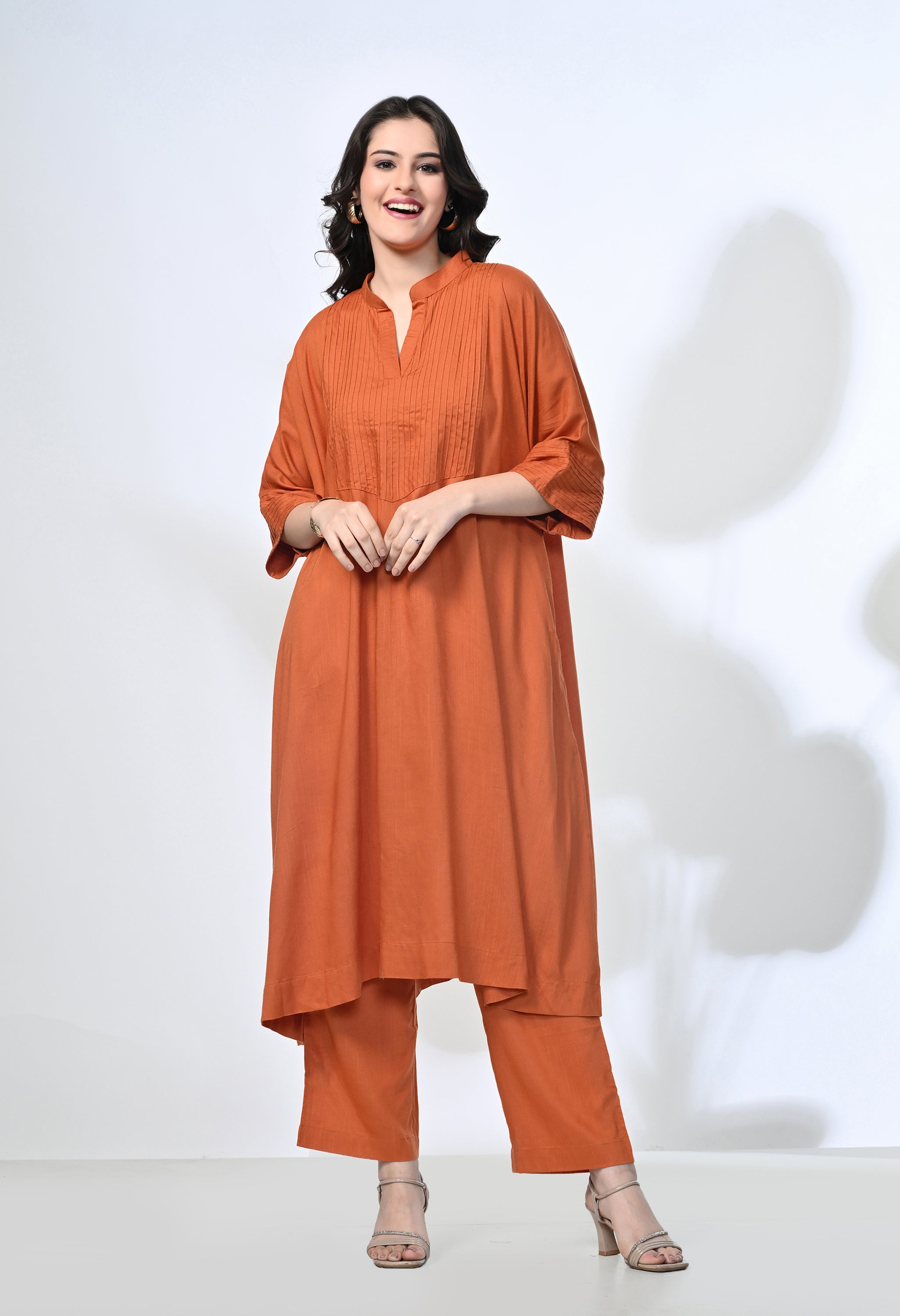 Rust Viscose Rayon Kaftan Kurta Set | 2-Piece Co-ord Set