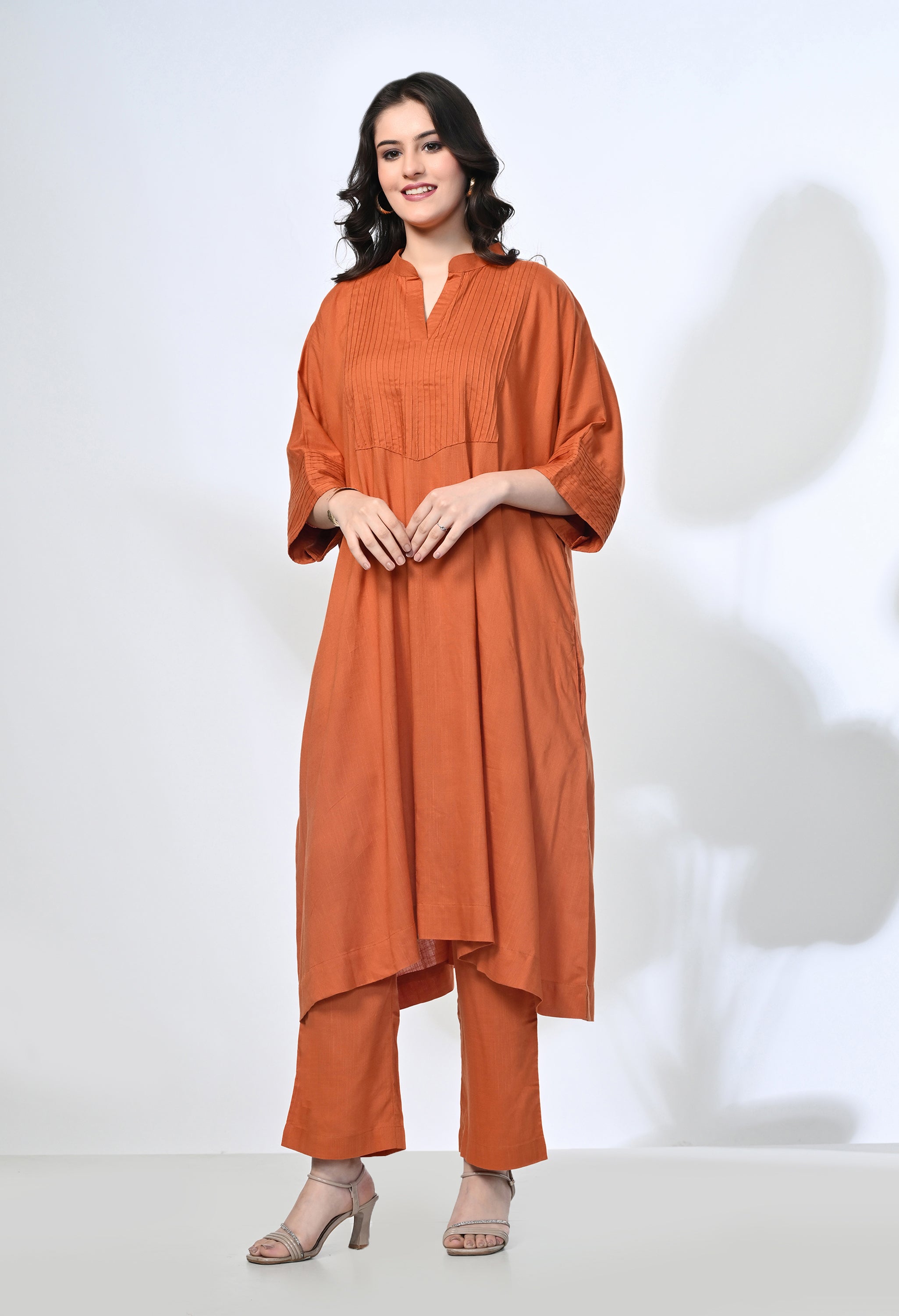 Rust Viscose Rayon Kaftan Kurta Set | 2-Piece Co-ord Set