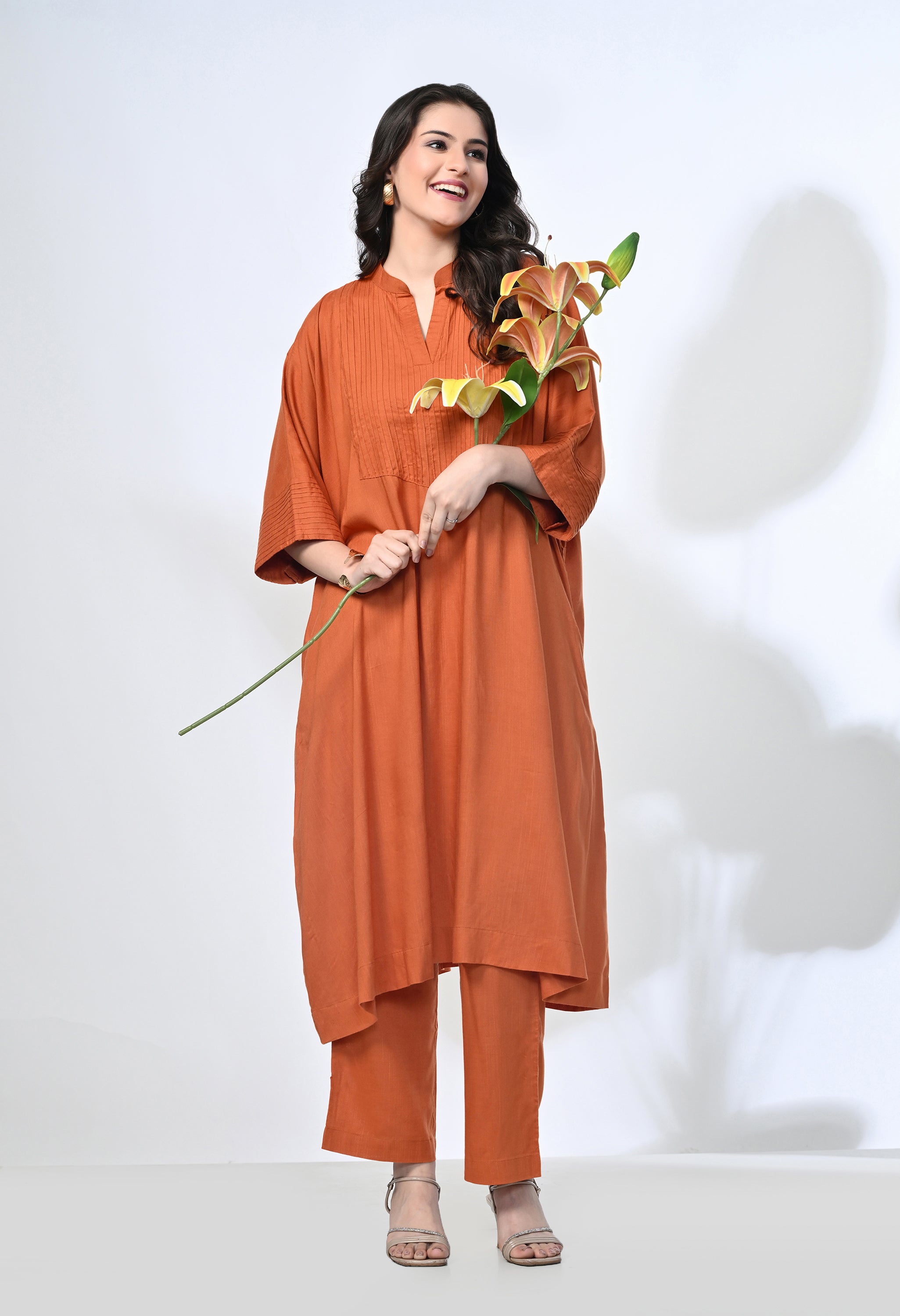 Rust Viscose Rayon Kaftan Kurta Set | 2-Piece Co-ord Set