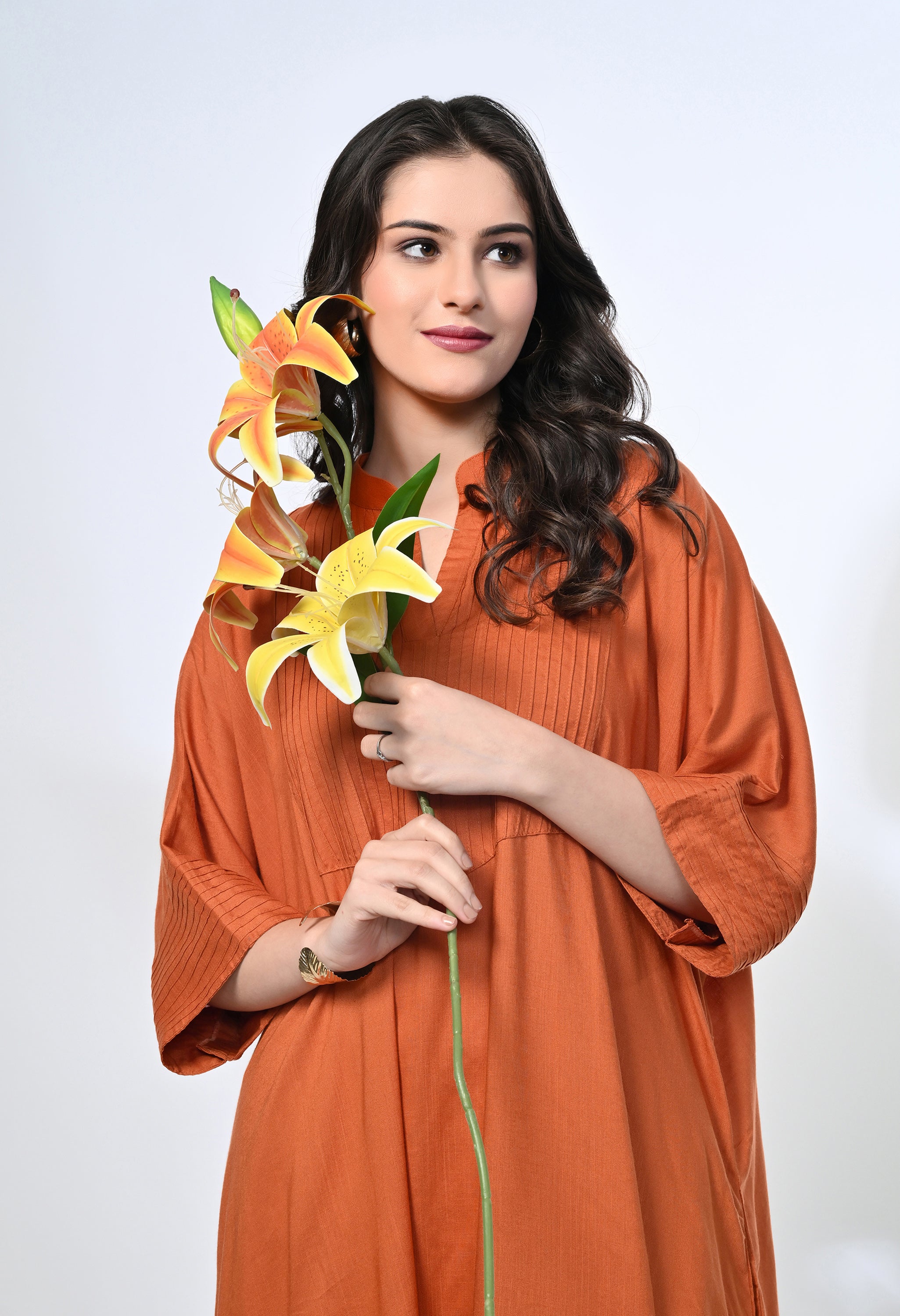 Rust Viscose Rayon Kaftan Kurta Set | 2-Piece Co-ord Set