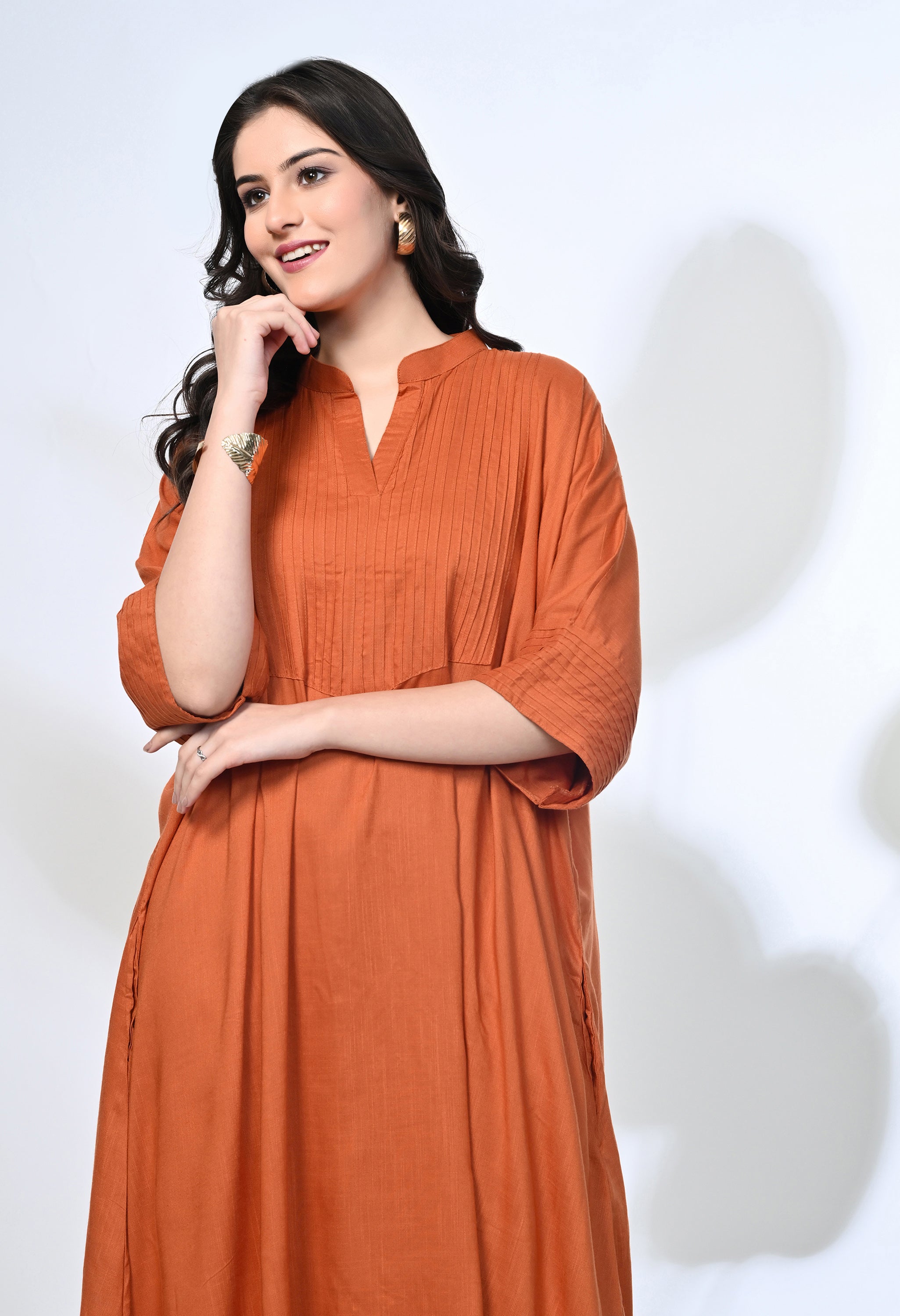 Rust Viscose Rayon Kaftan Kurta Set | 2-Piece Co-ord Set