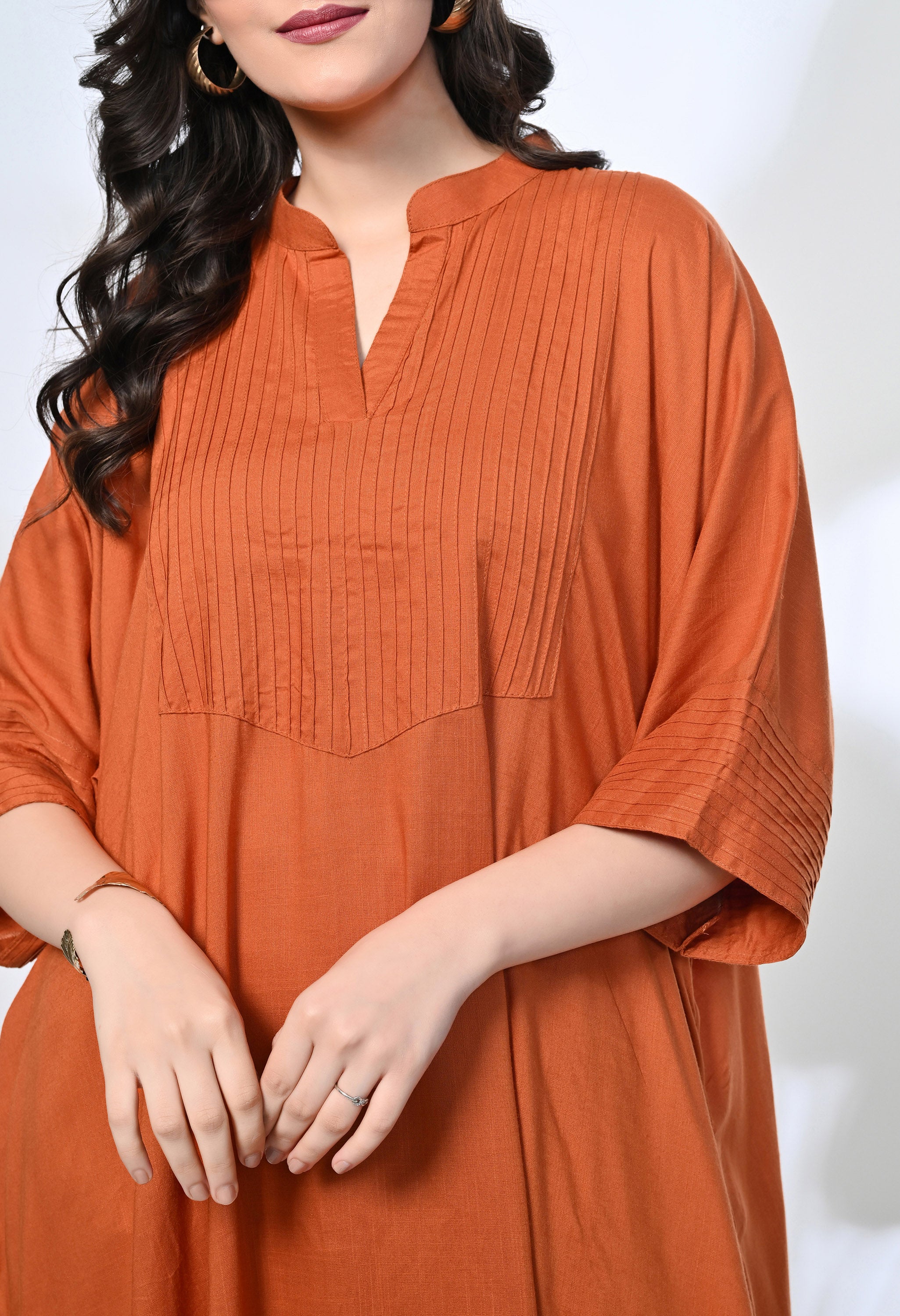 Rust Viscose Rayon Kaftan Kurta Set | 2-Piece Co-ord Set
