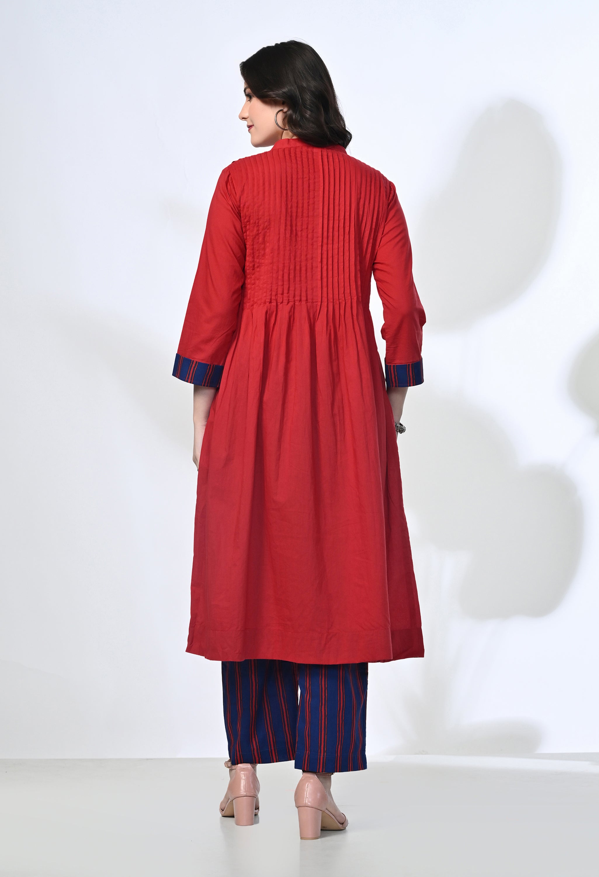 Maroon Pure Cotton Kurta Set with Handblock Stripe Pants | 2-Piece Co-ord Set