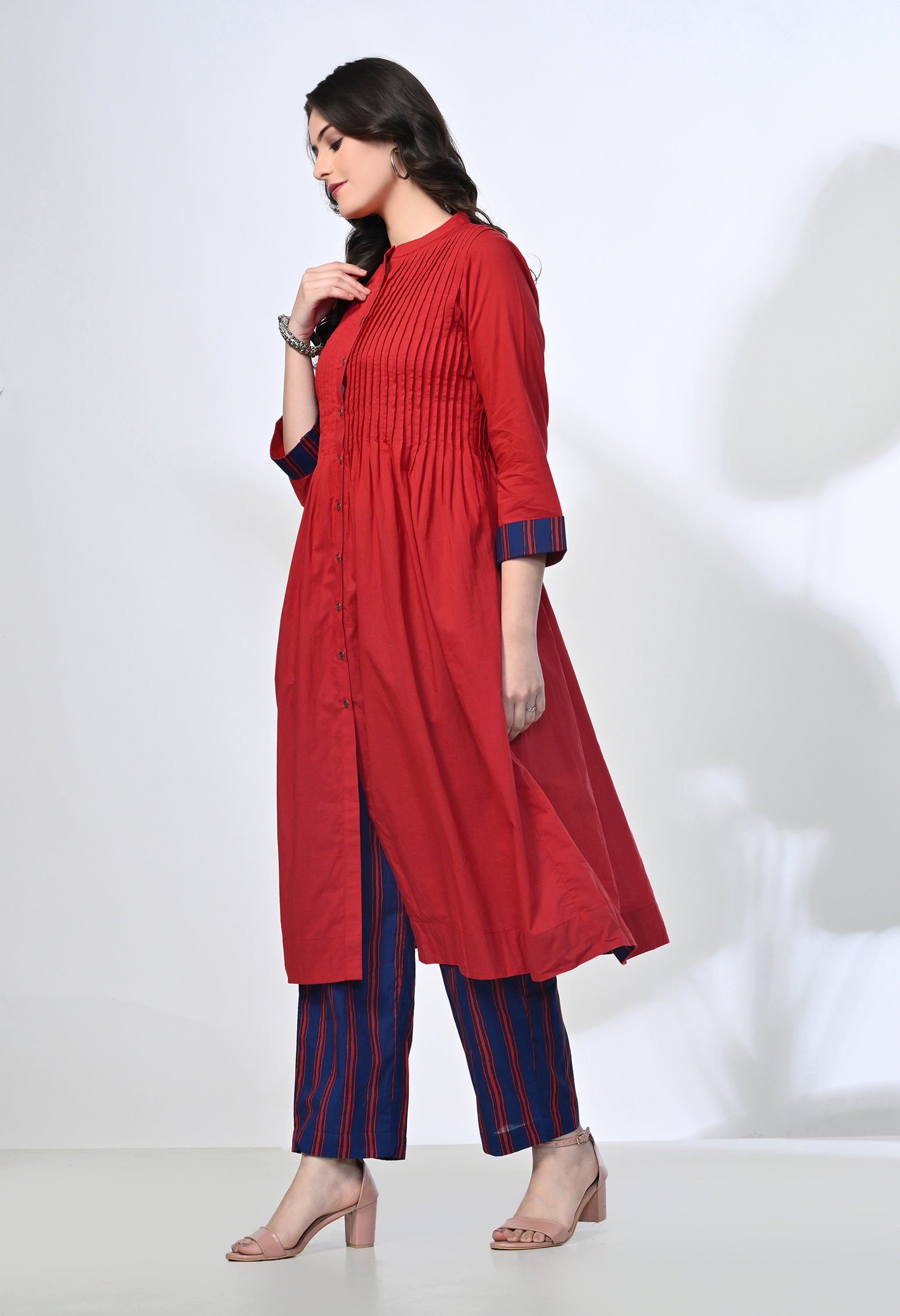 Maroon Pure Cotton Kurta Set with Handblock Stripe Pants | 2-Piece Co-ord Set