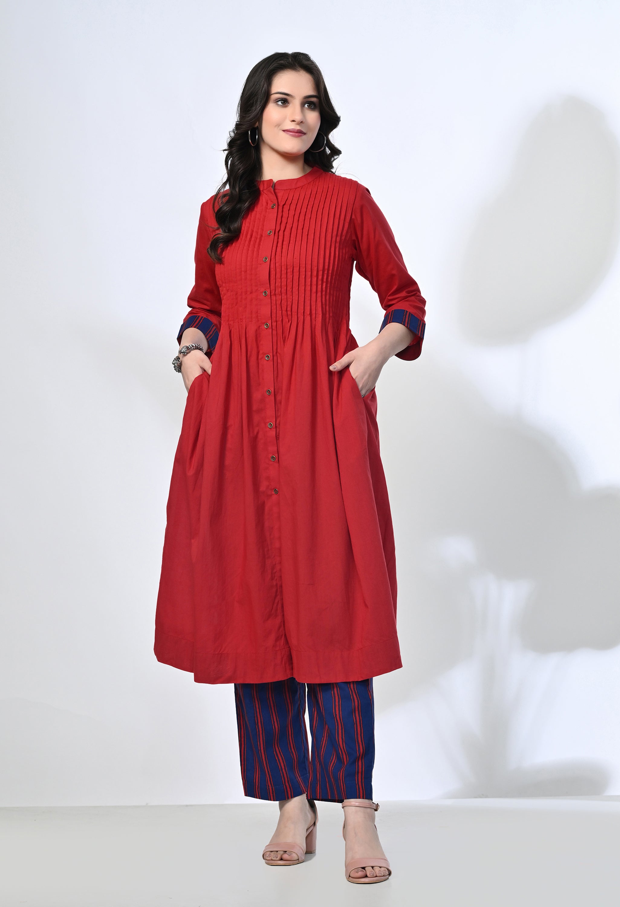 Maroon Pure Cotton Kurta Set with Handblock Stripe Pants | 2-Piece Co-ord Set