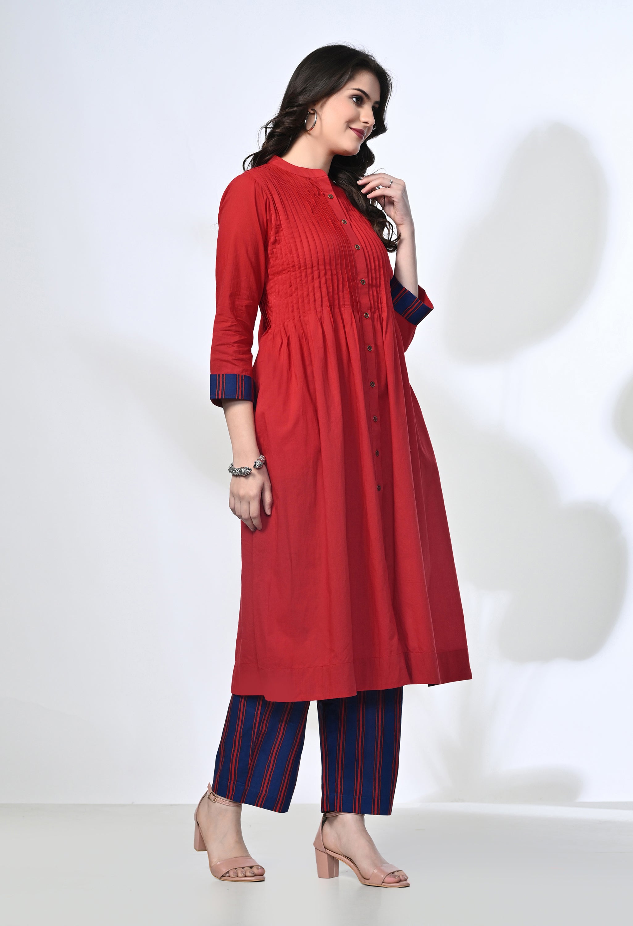 Maroon Pure Cotton Kurta Set with Handblock Stripe Pants | 2-Piece Co-ord Set