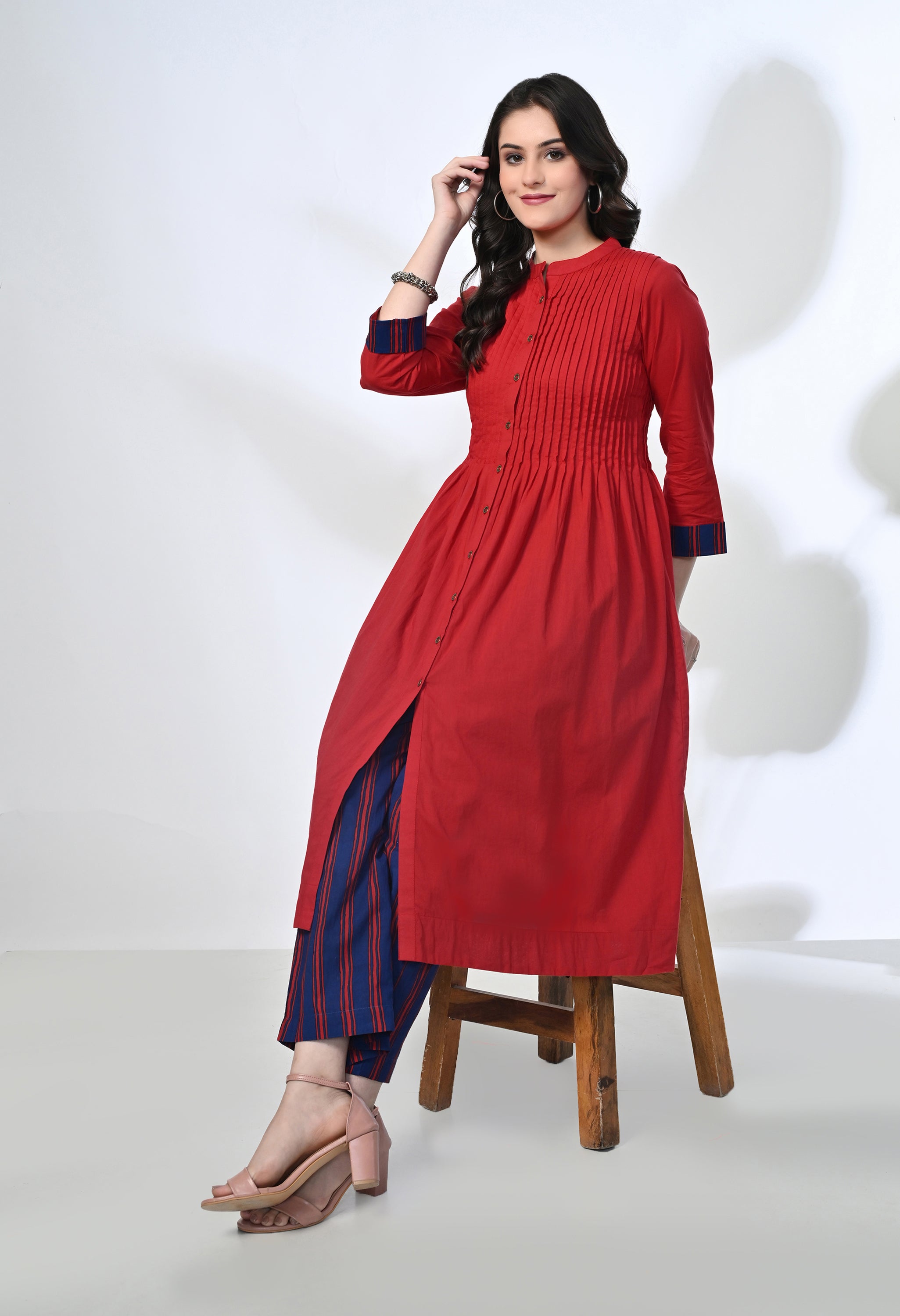 Maroon Pure Cotton Kurta Set with Handblock Stripe Pants | 2-Piece Co-ord Set