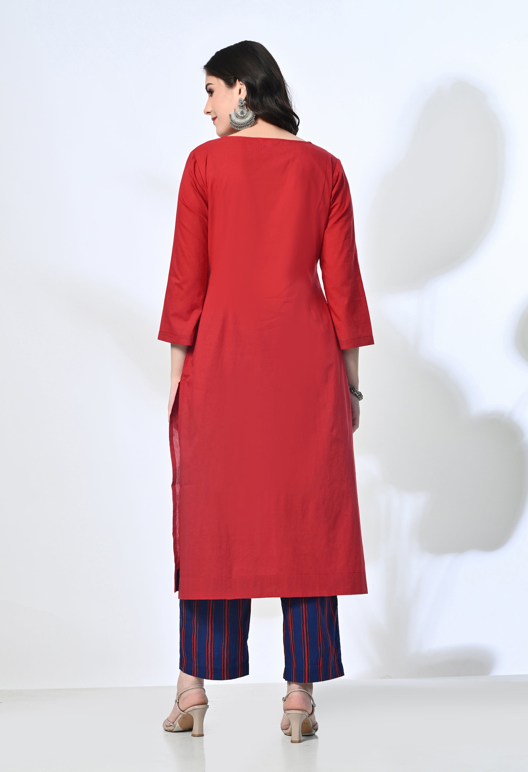 Red Pure Cotton V-Neck Kurta Set with Handblock Stripe Pants | 2-Piece Co-ord Set