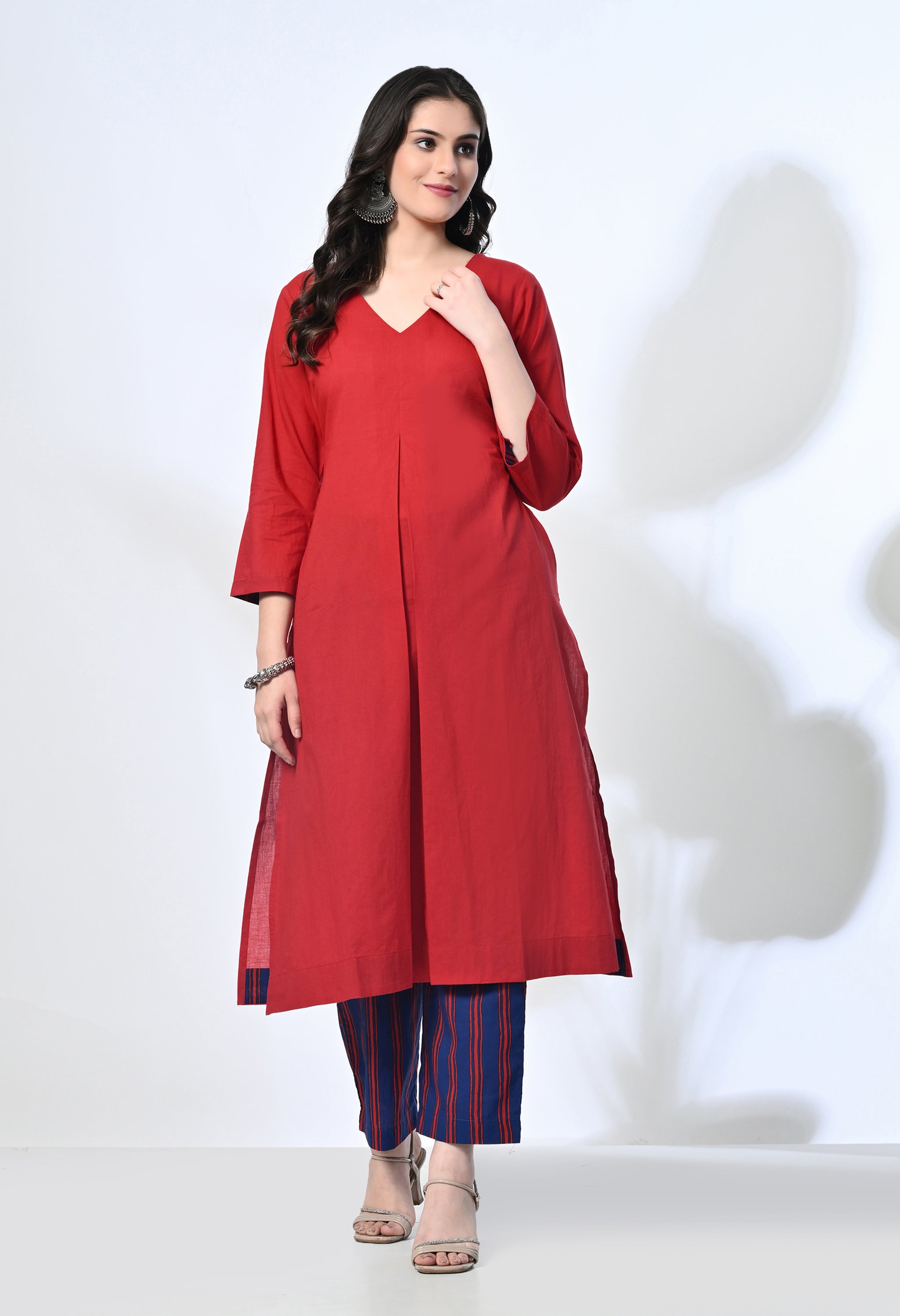 Red Pure Cotton V-Neck Kurta Set with Handblock Stripe Pants | 2-Piece Co-ord Set