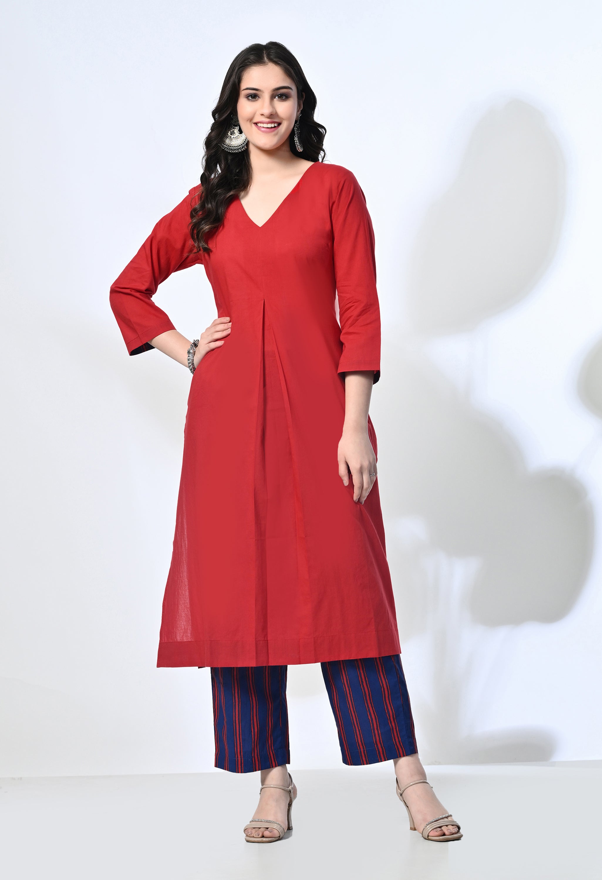 Red Pure Cotton V-Neck Kurta Set with Handblock Stripe Pants | 2-Piece Co-ord Set