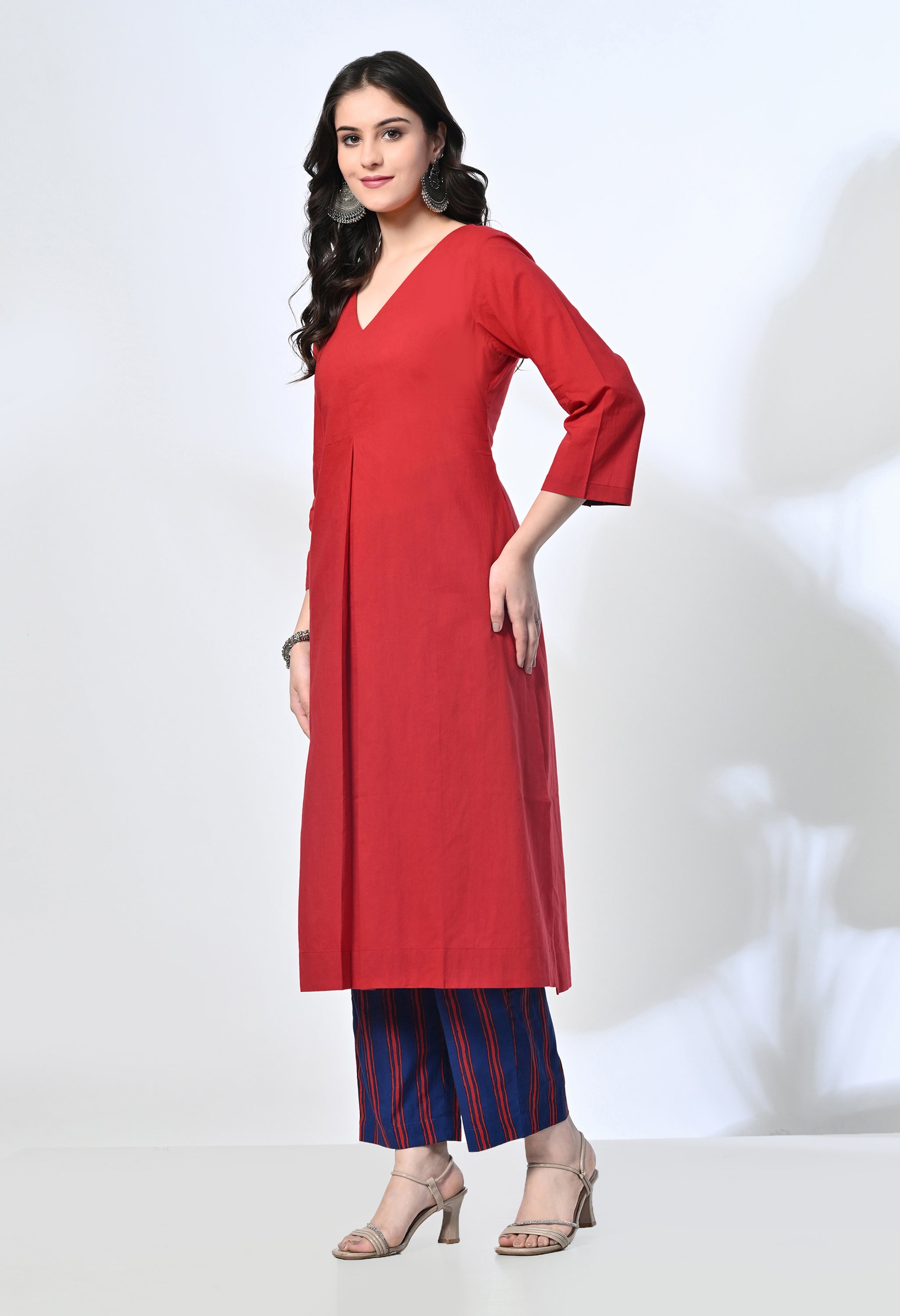 Red Pure Cotton V-Neck Kurta Set with Handblock Stripe Pants | 2-Piece Co-ord Set