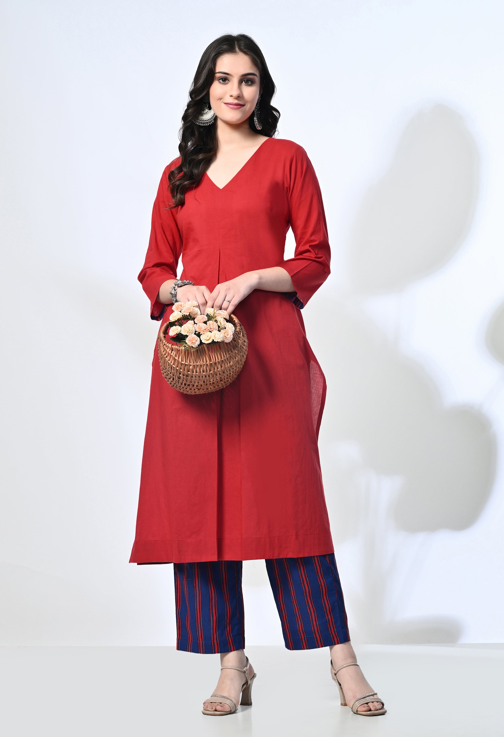 Red Pure Cotton V-Neck Kurta Set with Handblock Stripe Pants | 2-Piece Co-ord Set