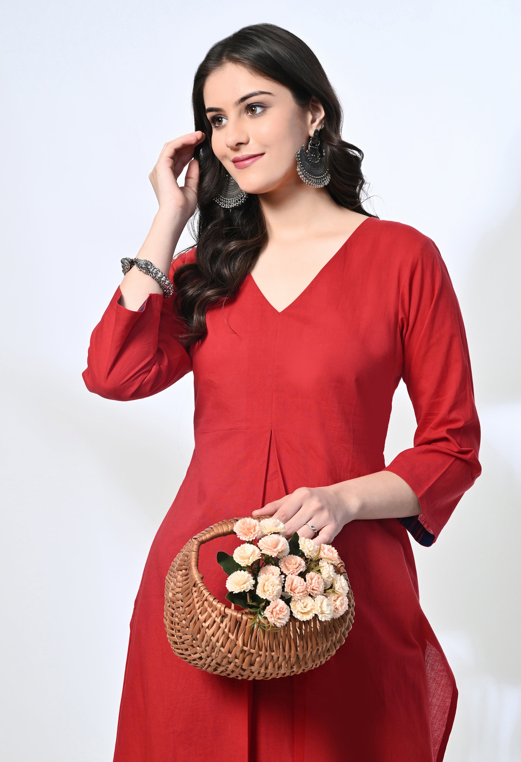 Red Pure Cotton V-Neck Kurta Set with Handblock Stripe Pants | 2-Piece Co-ord Set