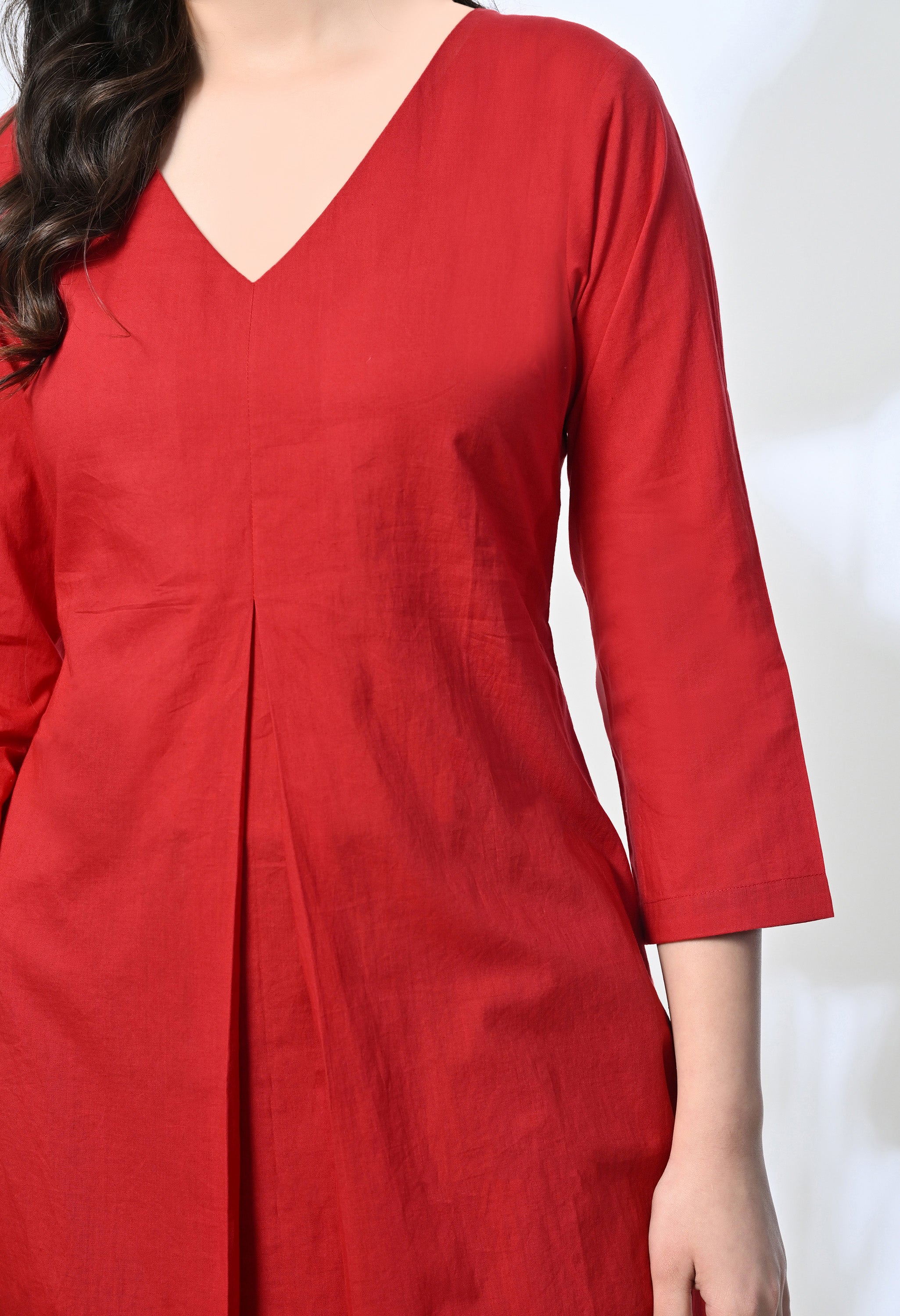 Red Pure Cotton V-Neck Kurta Set with Handblock Stripe Pants | 2-Piece Co-ord Set