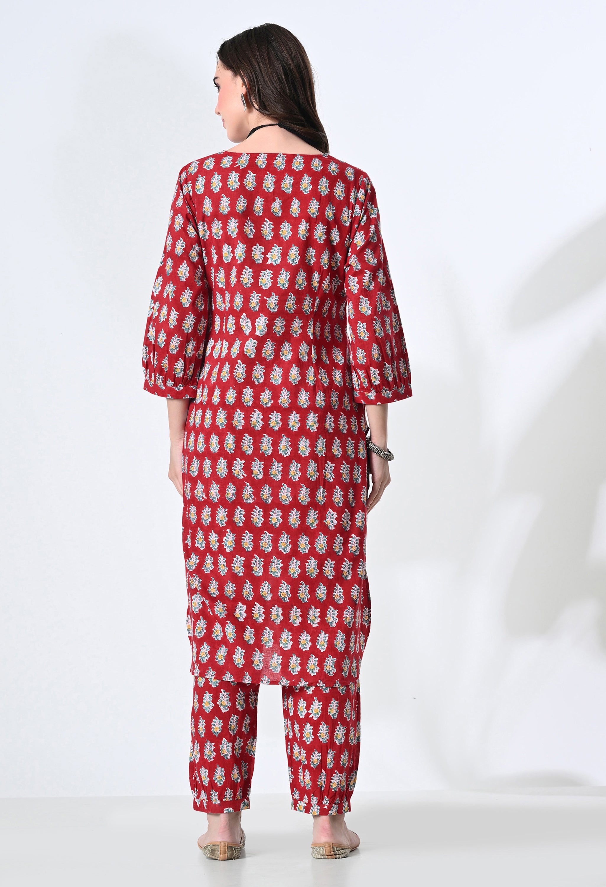 RED HANDBLOK KURTA SET