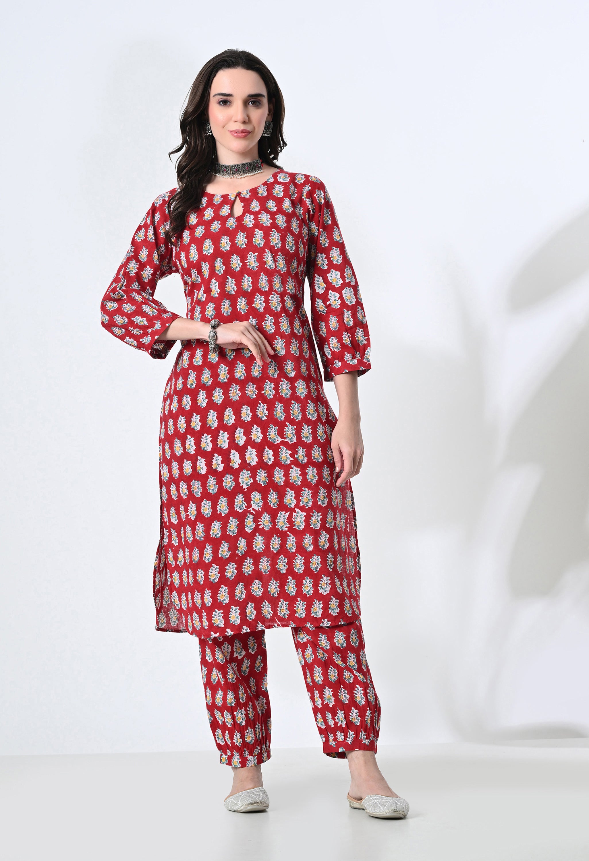 RED HANDBLOK KURTA SET